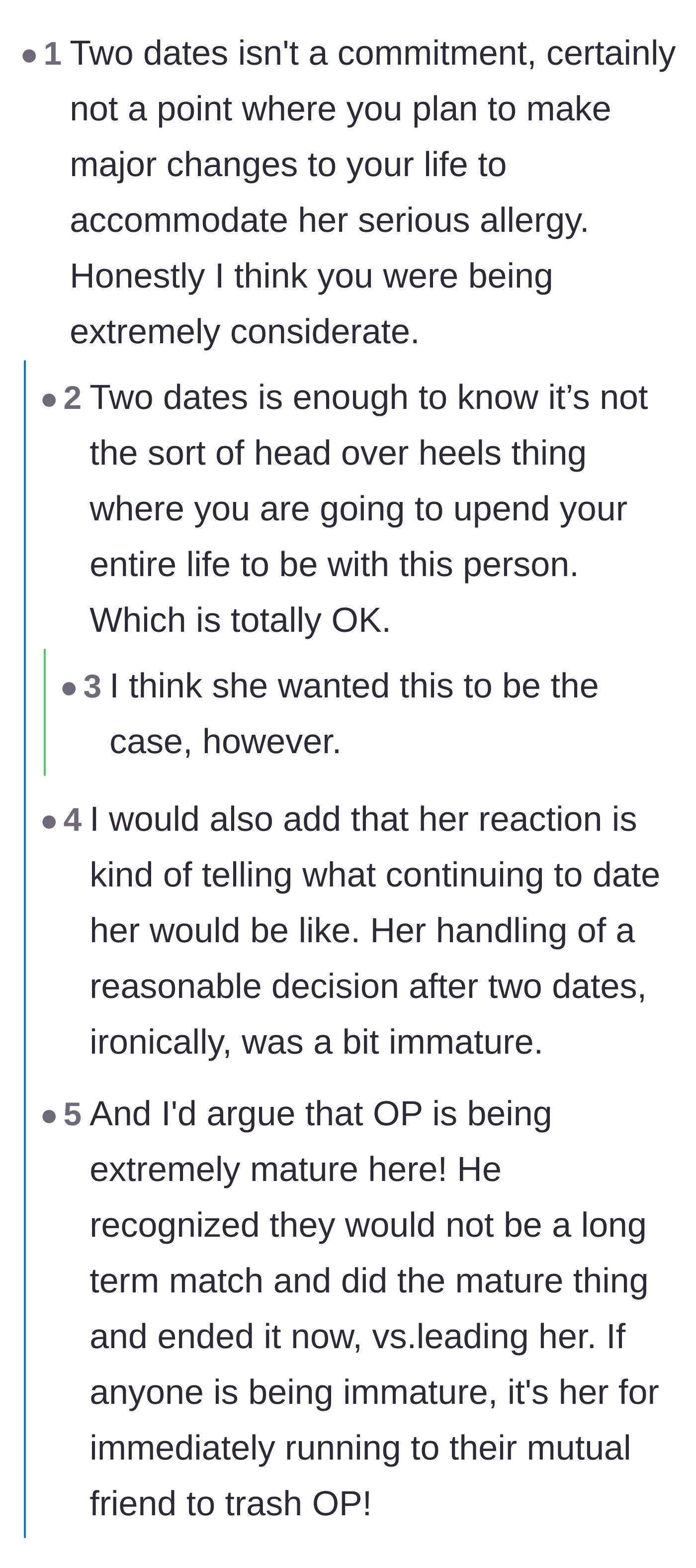 Comment thread 3 - Debate over the date's reaction and how expecting major life changes after two dates is a red flag.