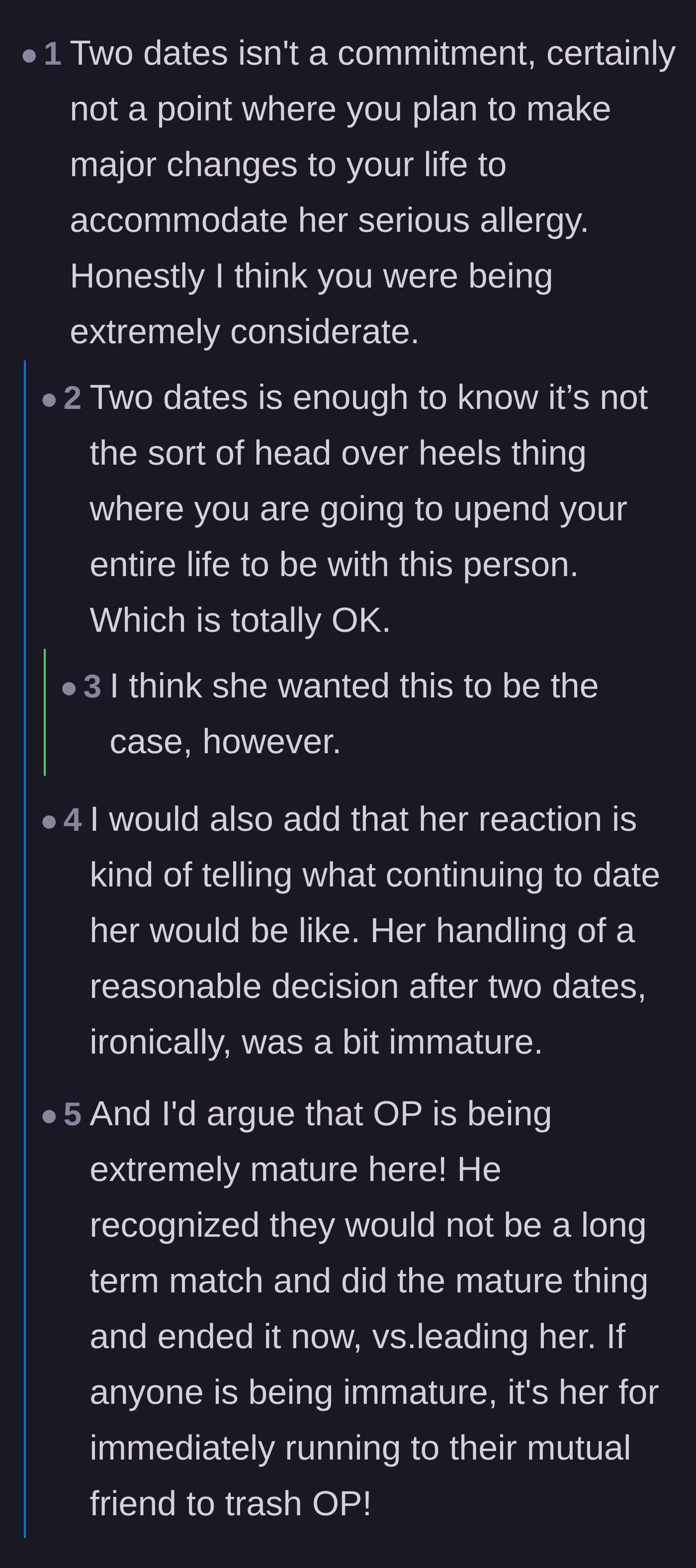 Comment thread 3 - Debate over the date's reaction and how expecting major life changes after two dates is a red flag.