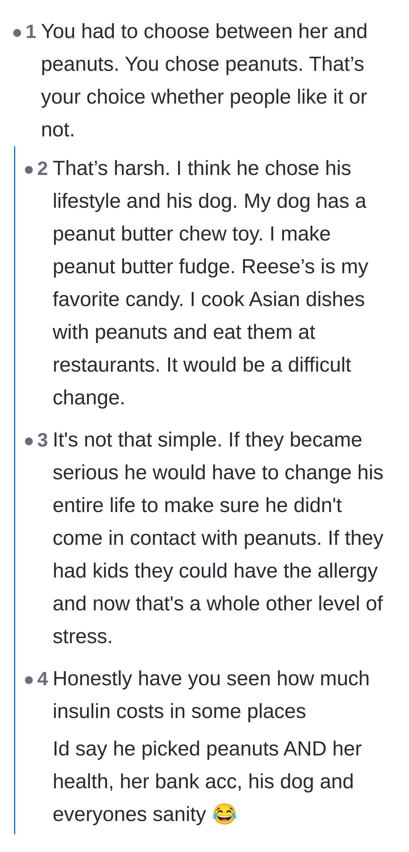 Comment thread 4 - A deep dive into the massive dietary changes required to avoid peanuts, complete with recipe tangents.