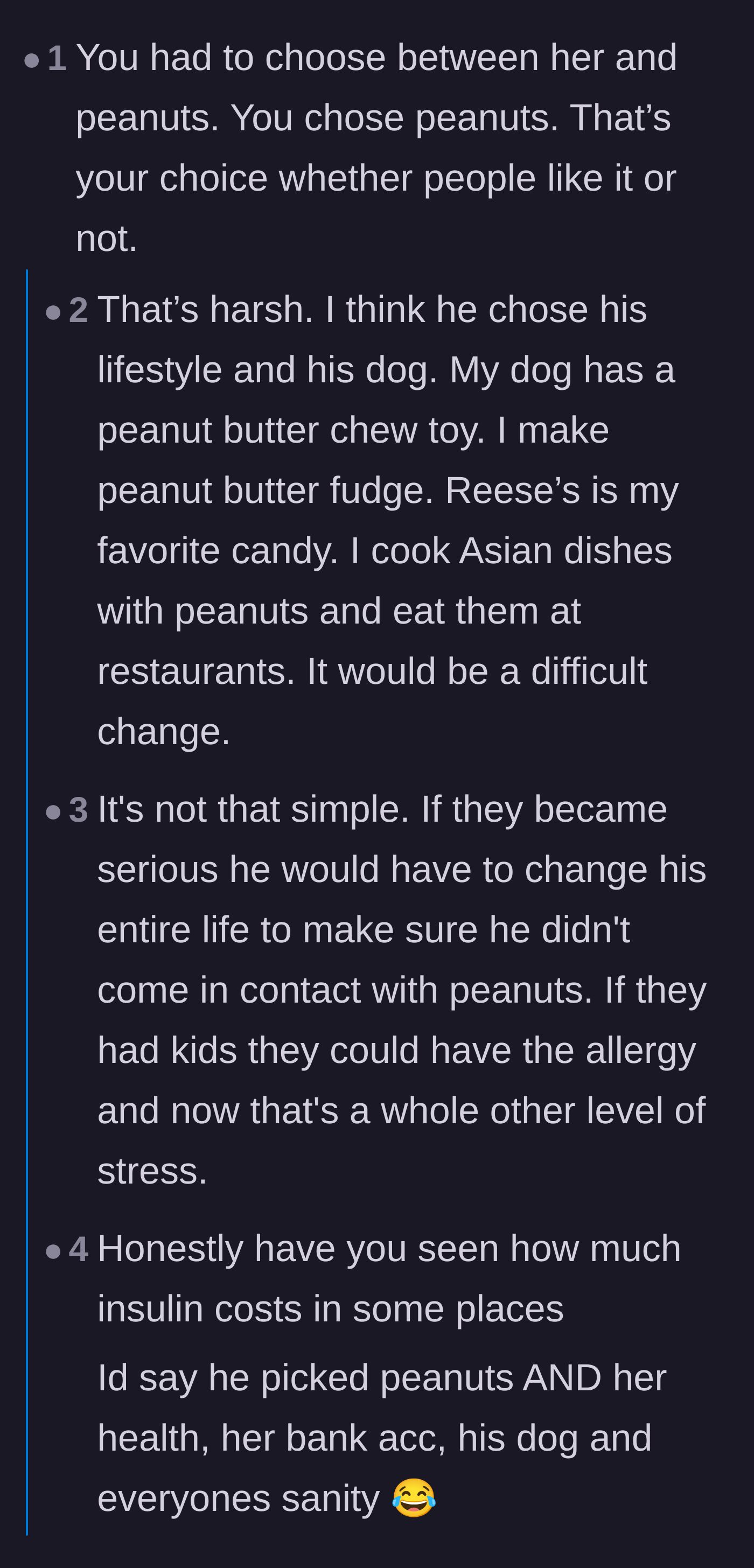 Comment thread 4 - A deep dive into the massive dietary changes required to avoid peanuts, complete with recipe tangents.