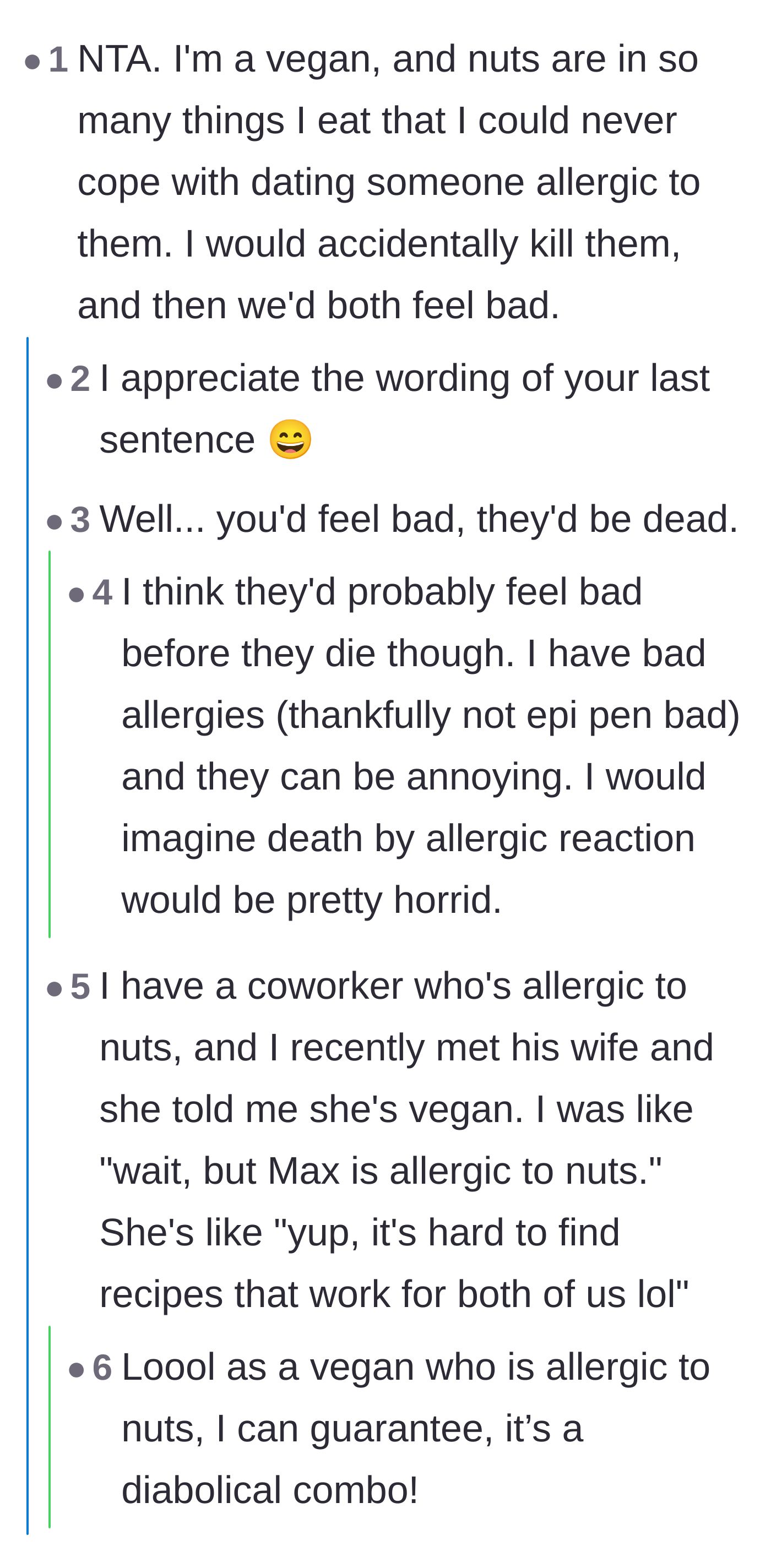 Comment thread 5 - Vegans discussing the impossibility of a nut-free diet and the dark humor of lethal allergies.
