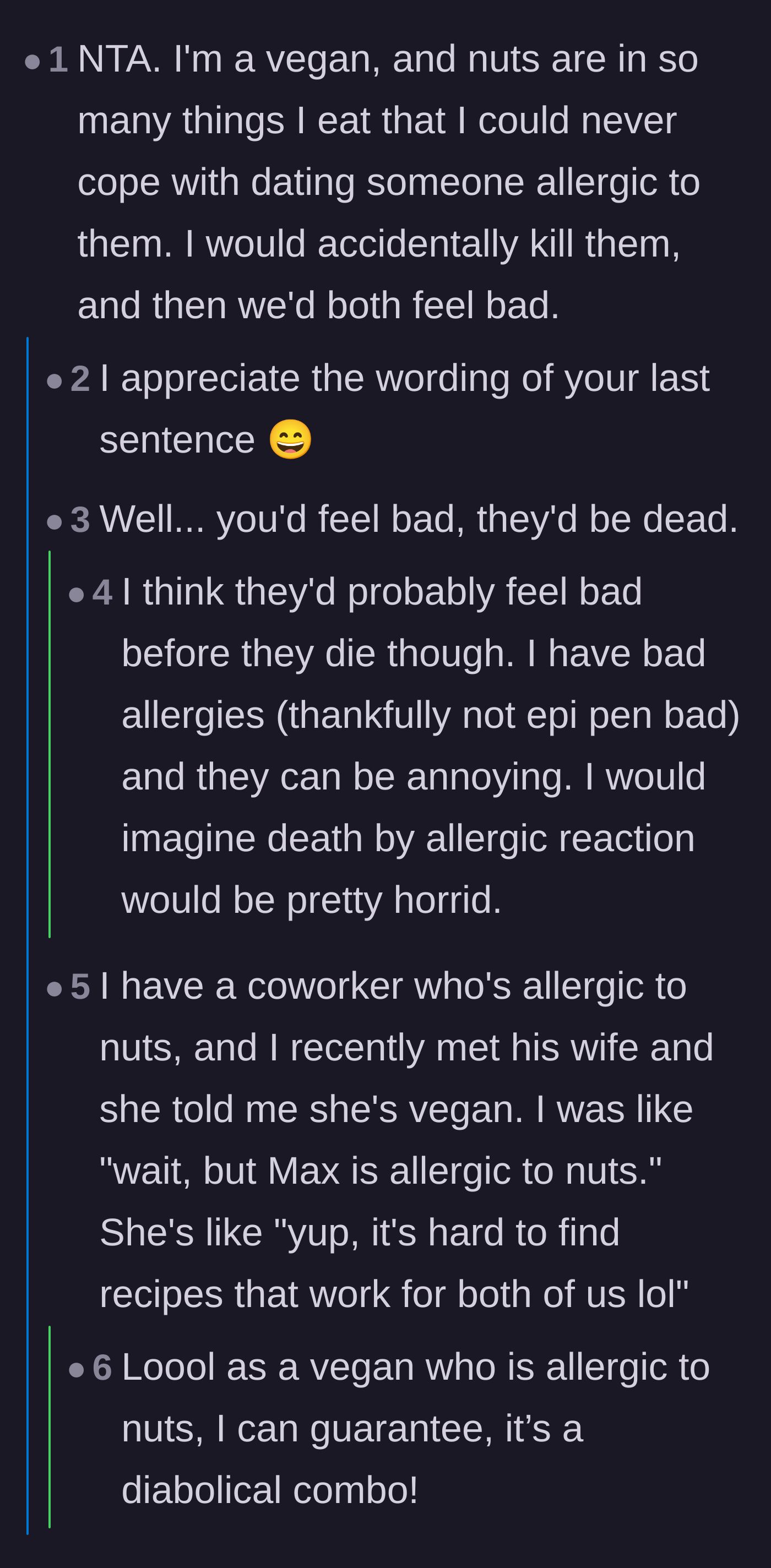 Comment thread 5 - Vegans discussing the impossibility of a nut-free diet and the dark humor of lethal allergies.