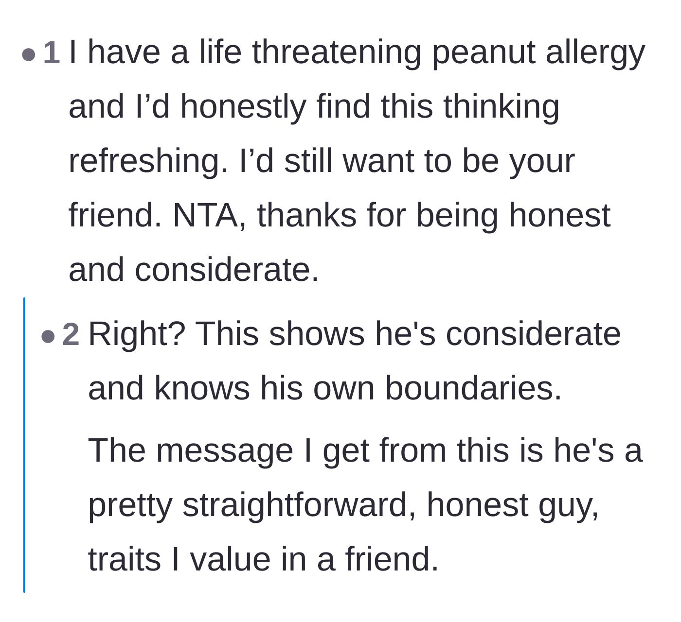 Comment thread 6 - People with severe allergies praising the main character for taking their medical needs seriously.