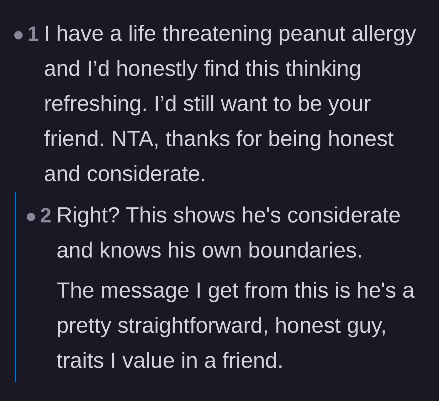 Comment thread 6 - People with severe allergies praising the main character for taking their medical needs seriously.