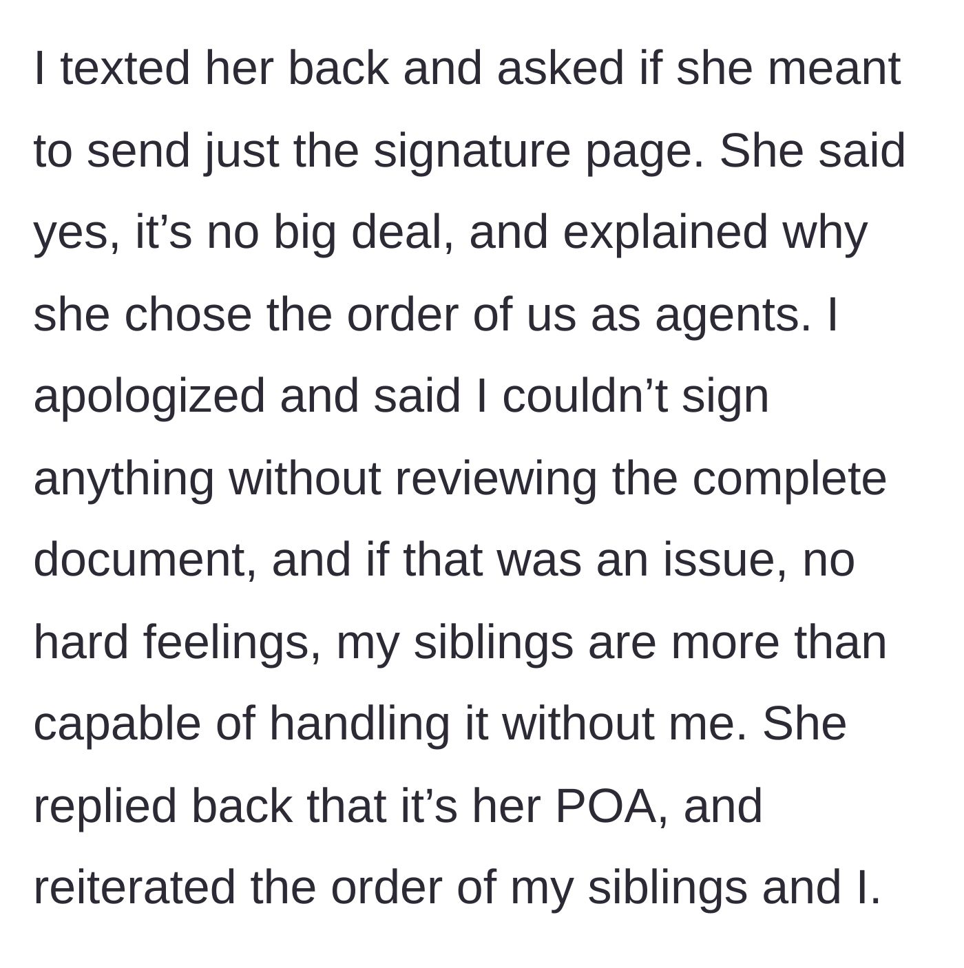 Story part 2 - Daughter asks to see the full document, but the mother brushes it off and pushes her to just sign.