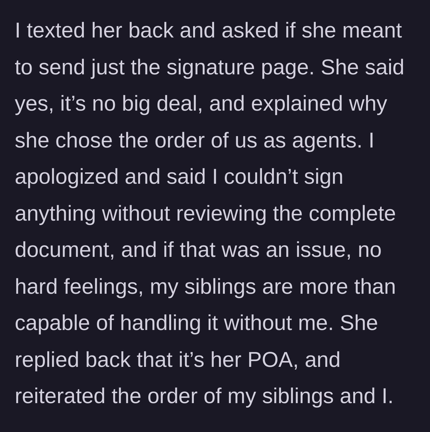 Story part 2 - Daughter asks to see the full document, but the mother brushes it off and pushes her to just sign.
