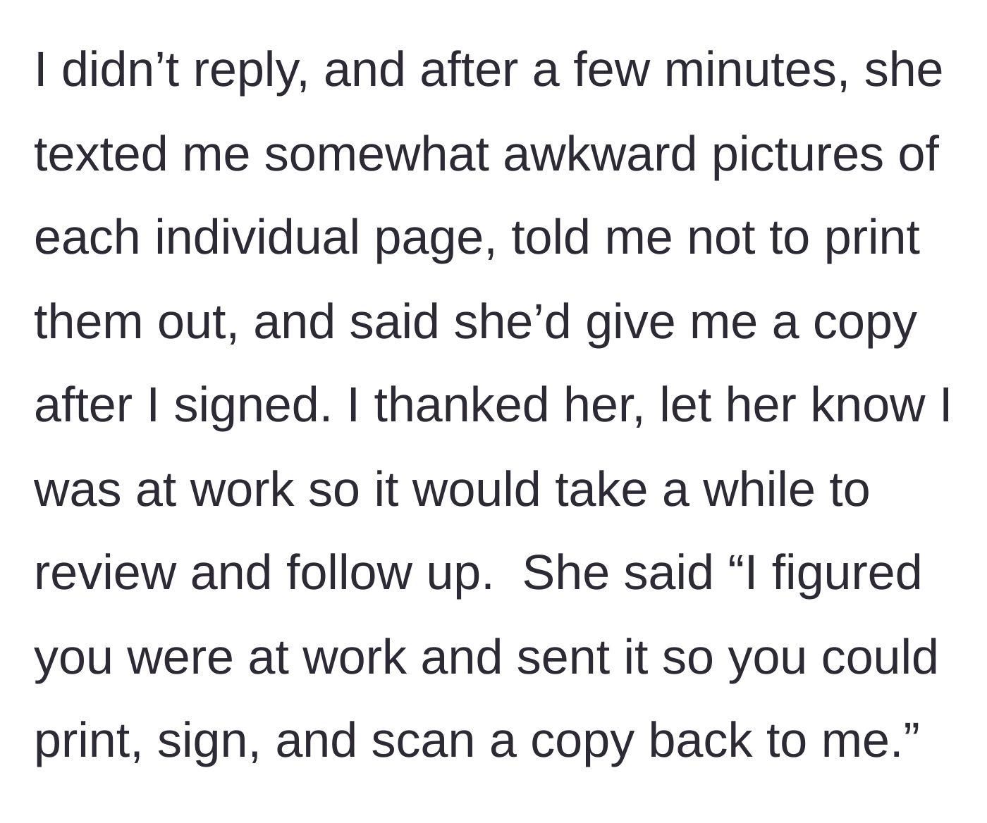 Story part 3 - Mother reluctantly sends photos of the document pages, instructing the daughter not to print them.
