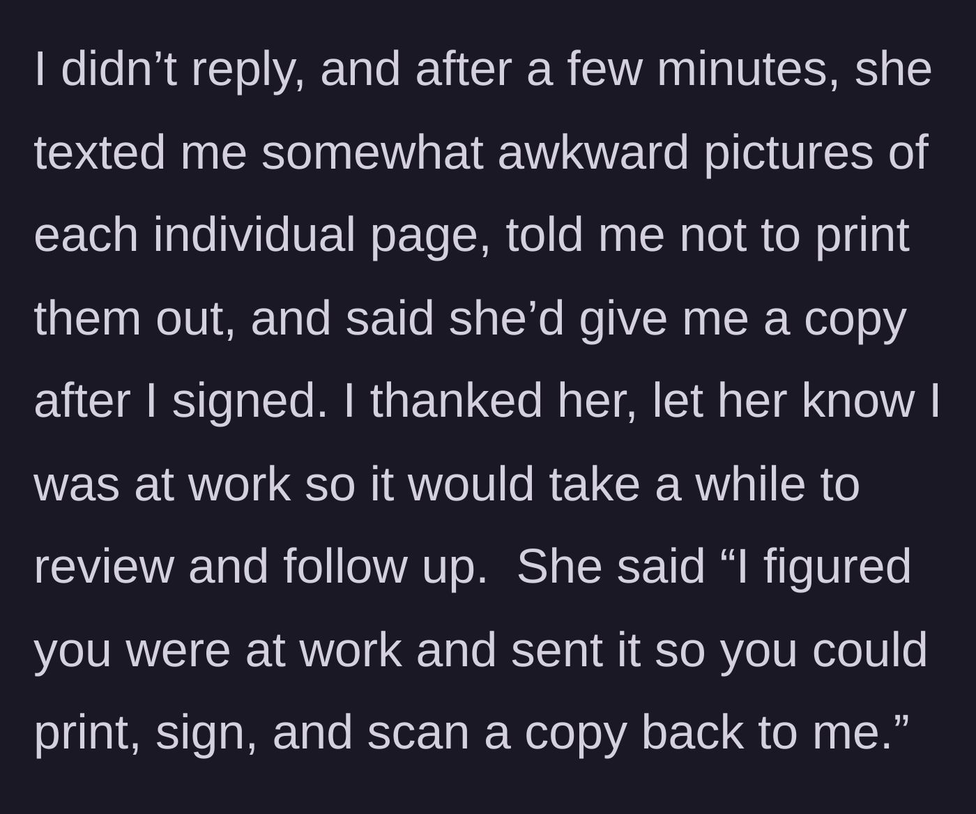 Story part 3 - Mother reluctantly sends photos of the document pages, instructing the daughter not to print them.