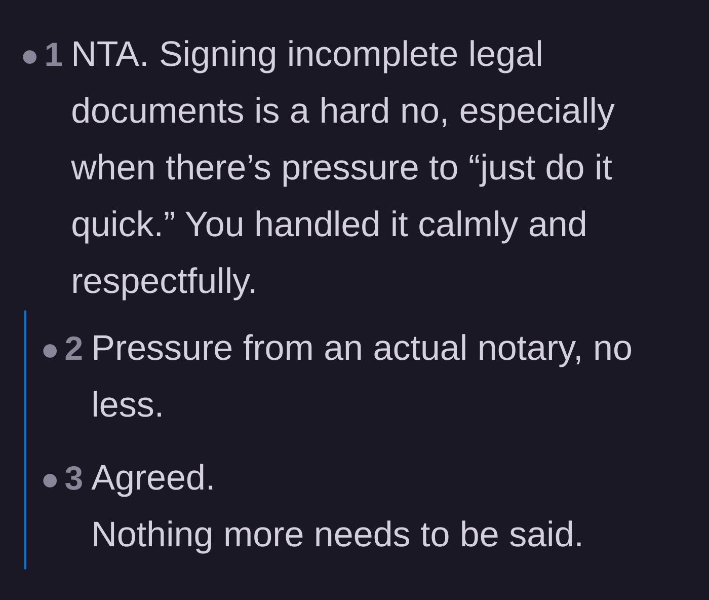 Comment thread 1 - A discussion among notaries pointing out the blatant illegality of the mother notarizing her own documents and sharing similar fraud stories.