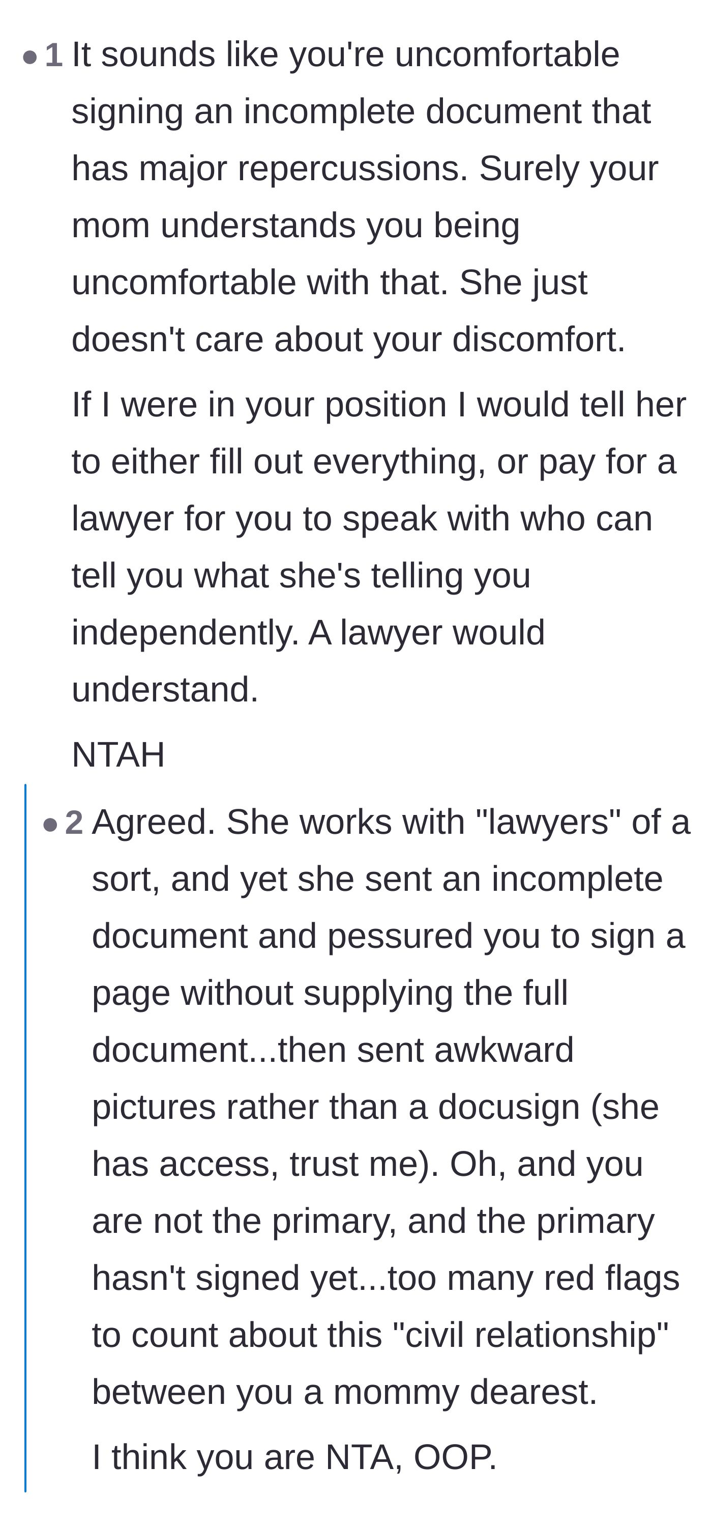 Comment thread 3 - Advice suggesting the mother should be told to pay for an independent lawyer to review the mystery paperwork.