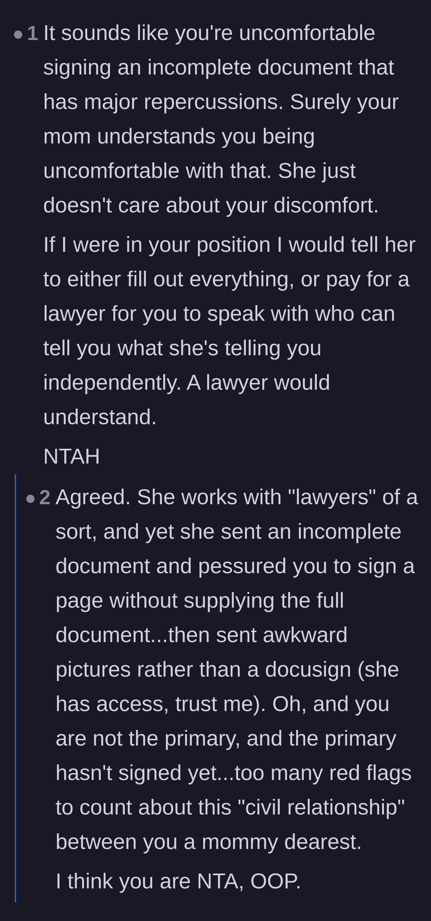 Comment thread 3 - Advice suggesting the mother should be told to pay for an independent lawyer to review the mystery paperwork.