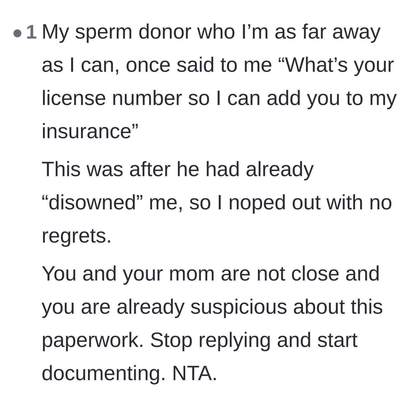 Comment thread 4 - A reader shares a similar experience with an estranged parent demanding favors and advises documenting everything.