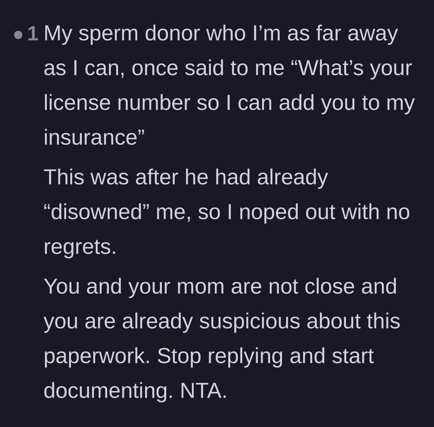 Comment thread 4 - A reader shares a similar experience with an estranged parent demanding favors and advises documenting everything.