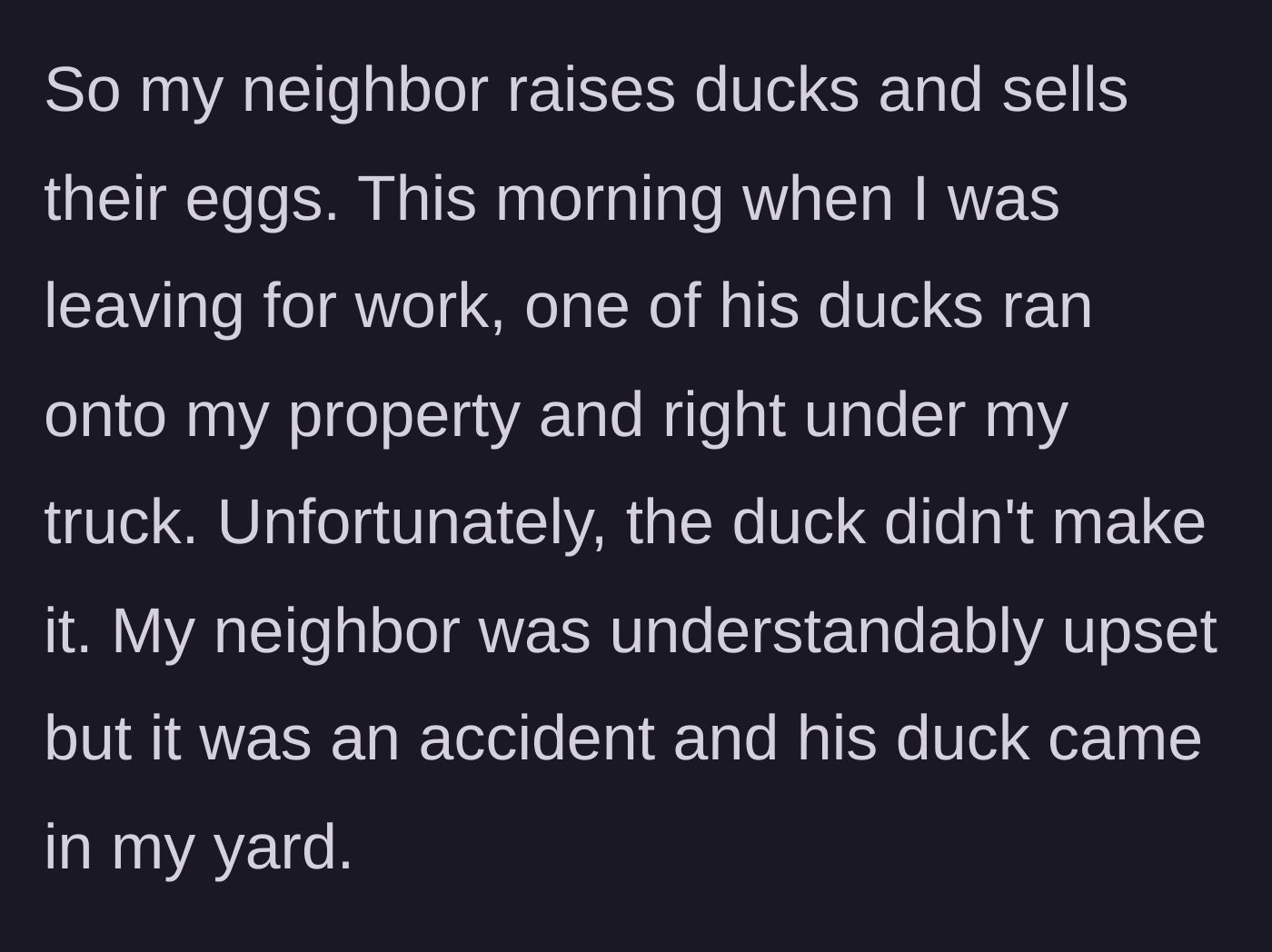 Story part 1 - A commuter explains how his neighbor's egg-laying duck wandered onto his property and was accidentally run over by his truck.