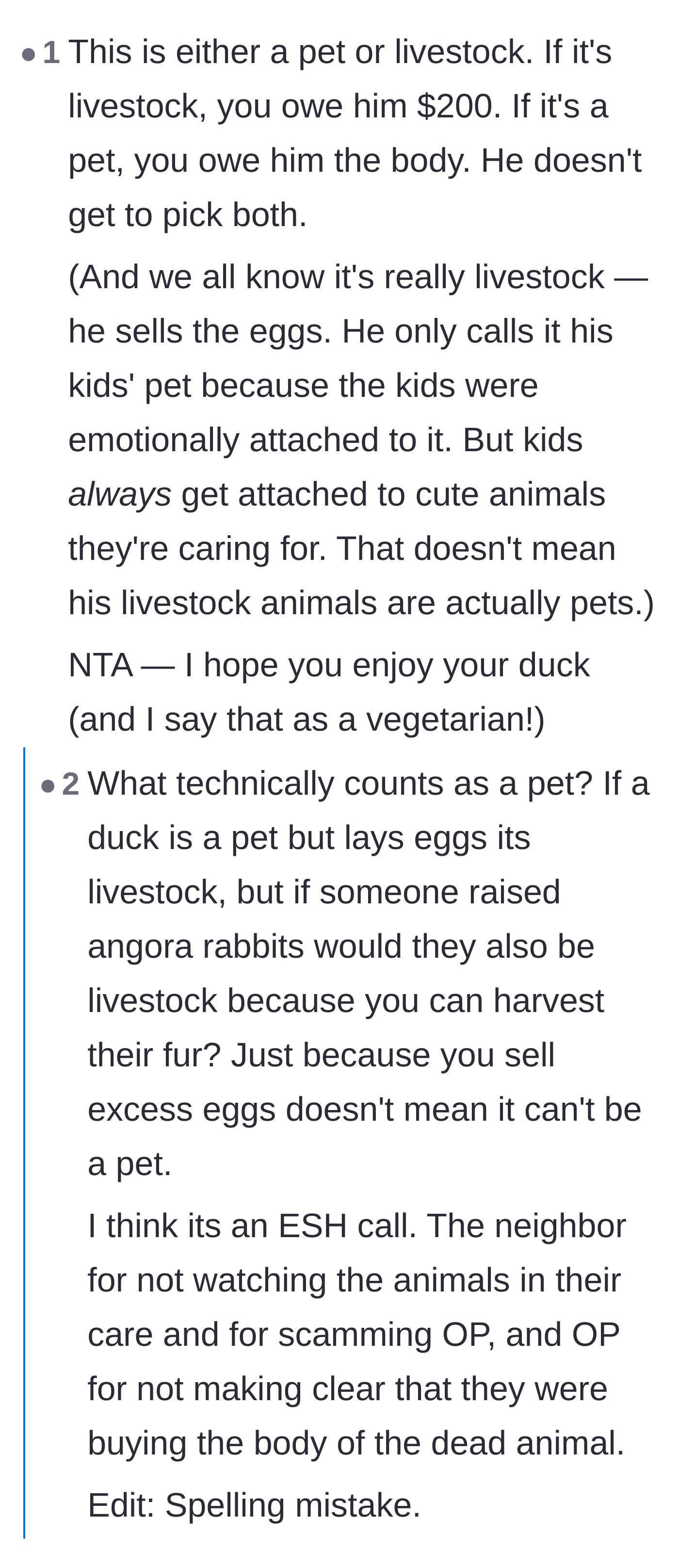 Comment thread 5 - Arguing that the neighbor must choose between the cash payout or the duck's remains