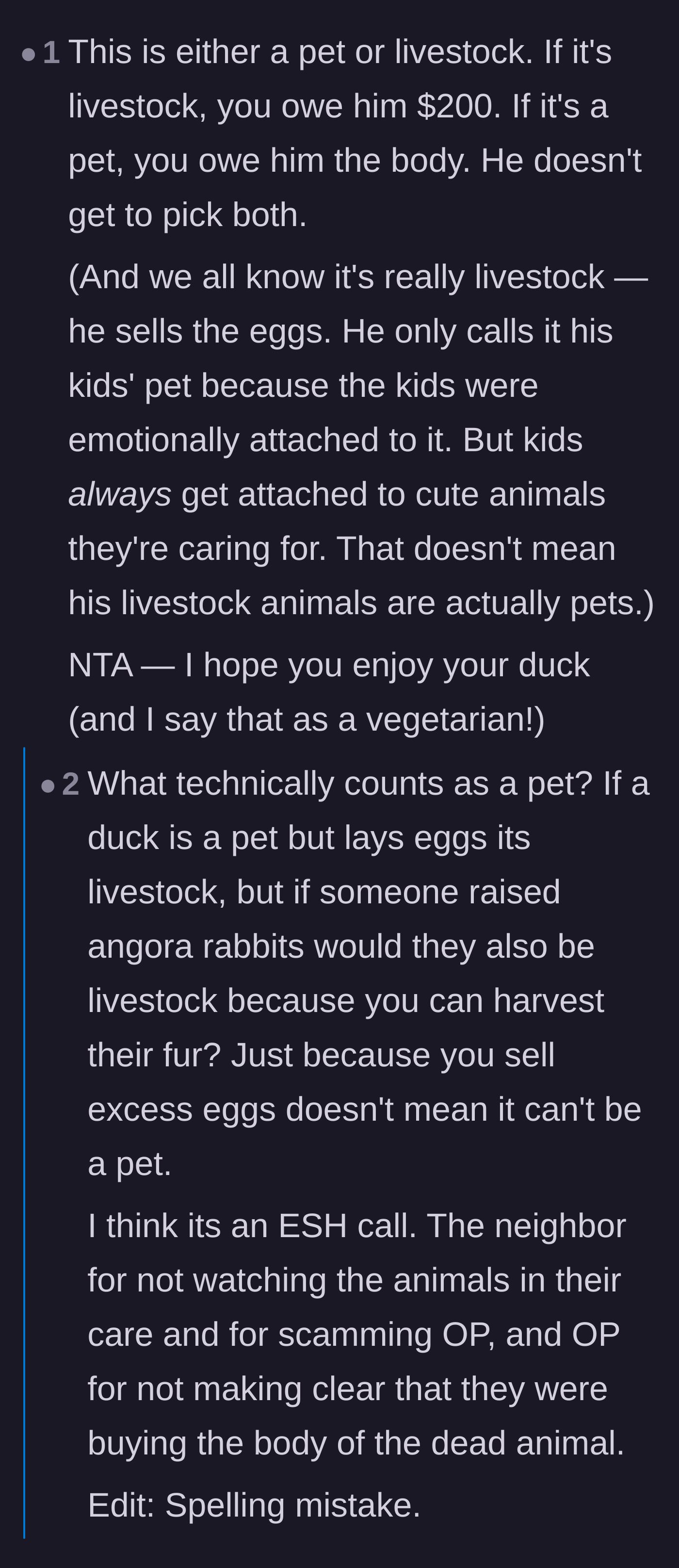 Comment thread 5 - Arguing that the neighbor must choose between the cash payout or the duck's remains