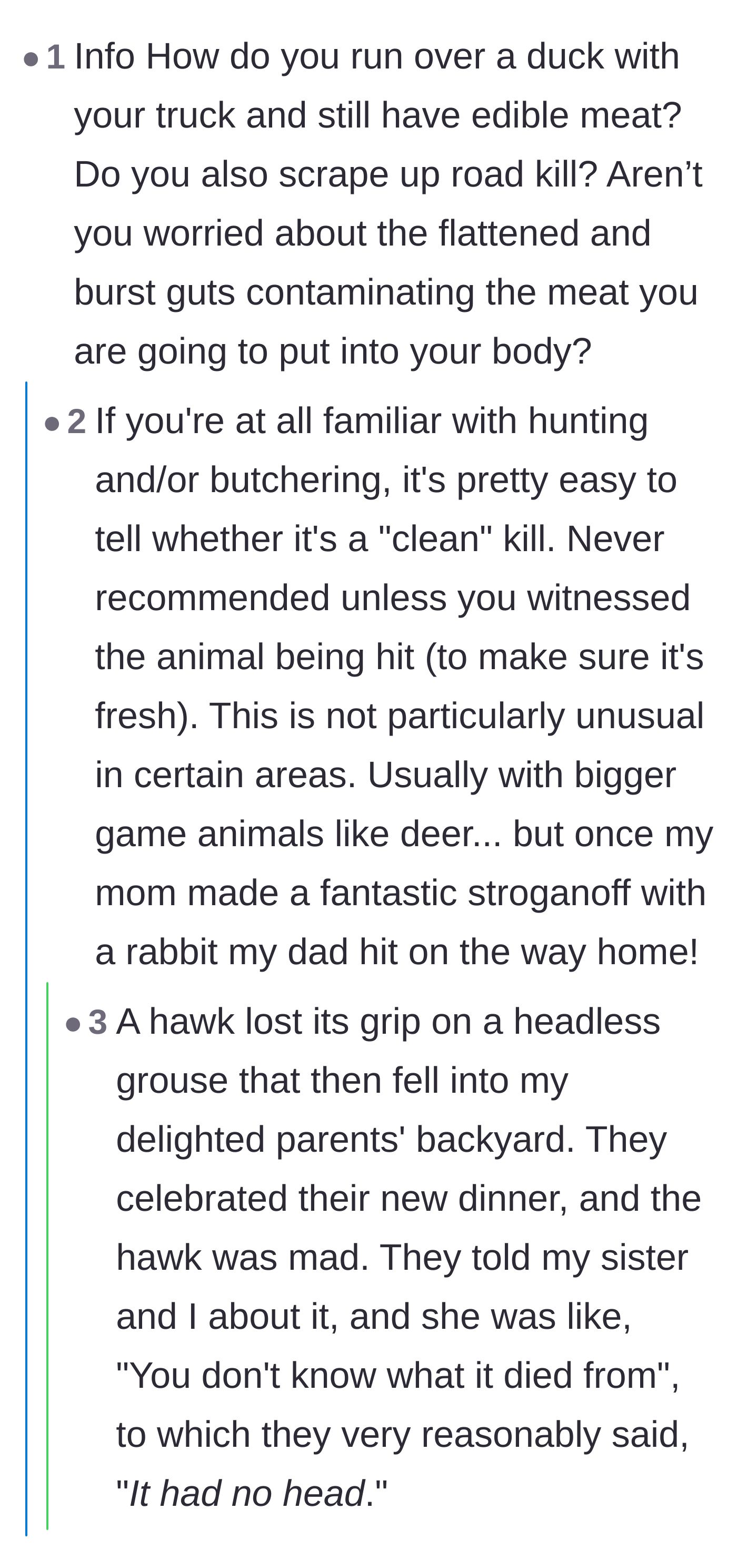 Comment thread 6 - Questioning the food safety of eating a flattened duck and sharing wild roadkill dinner stories