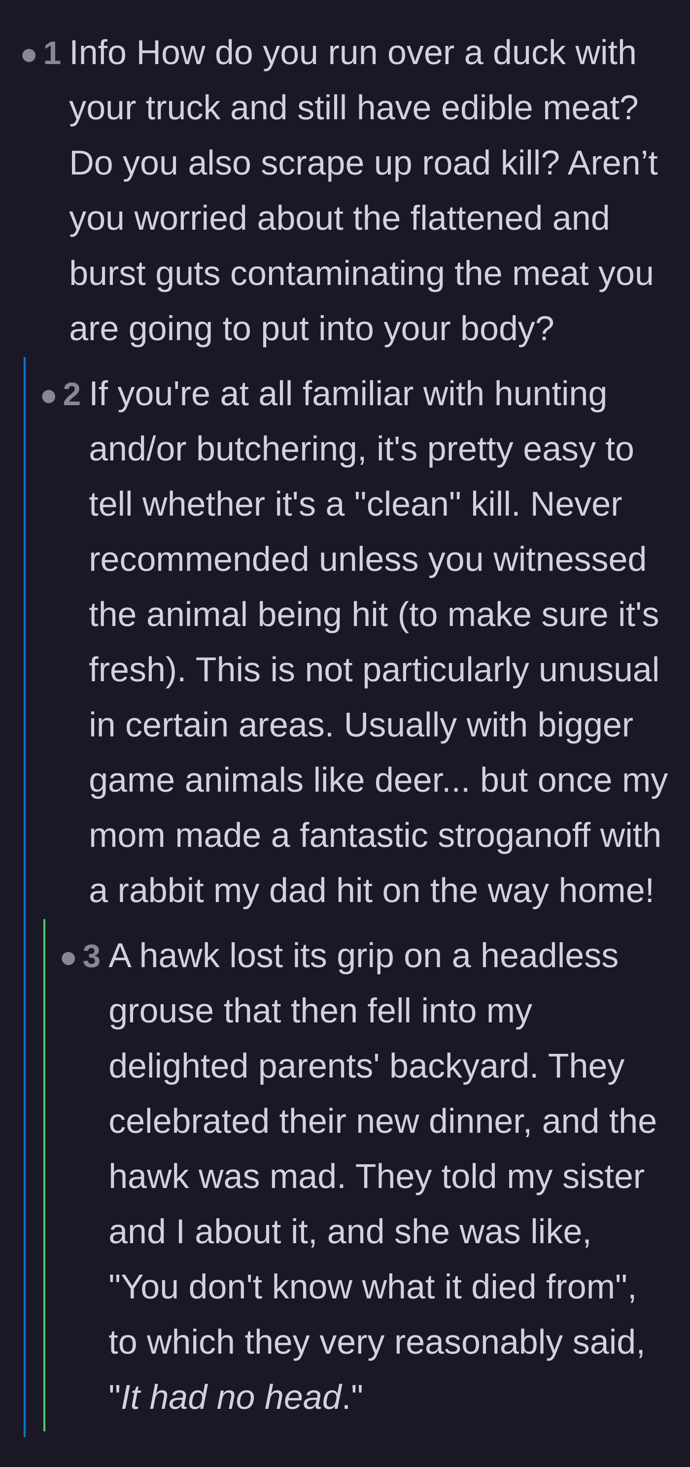 Comment thread 6 - Questioning the food safety of eating a flattened duck and sharing wild roadkill dinner stories