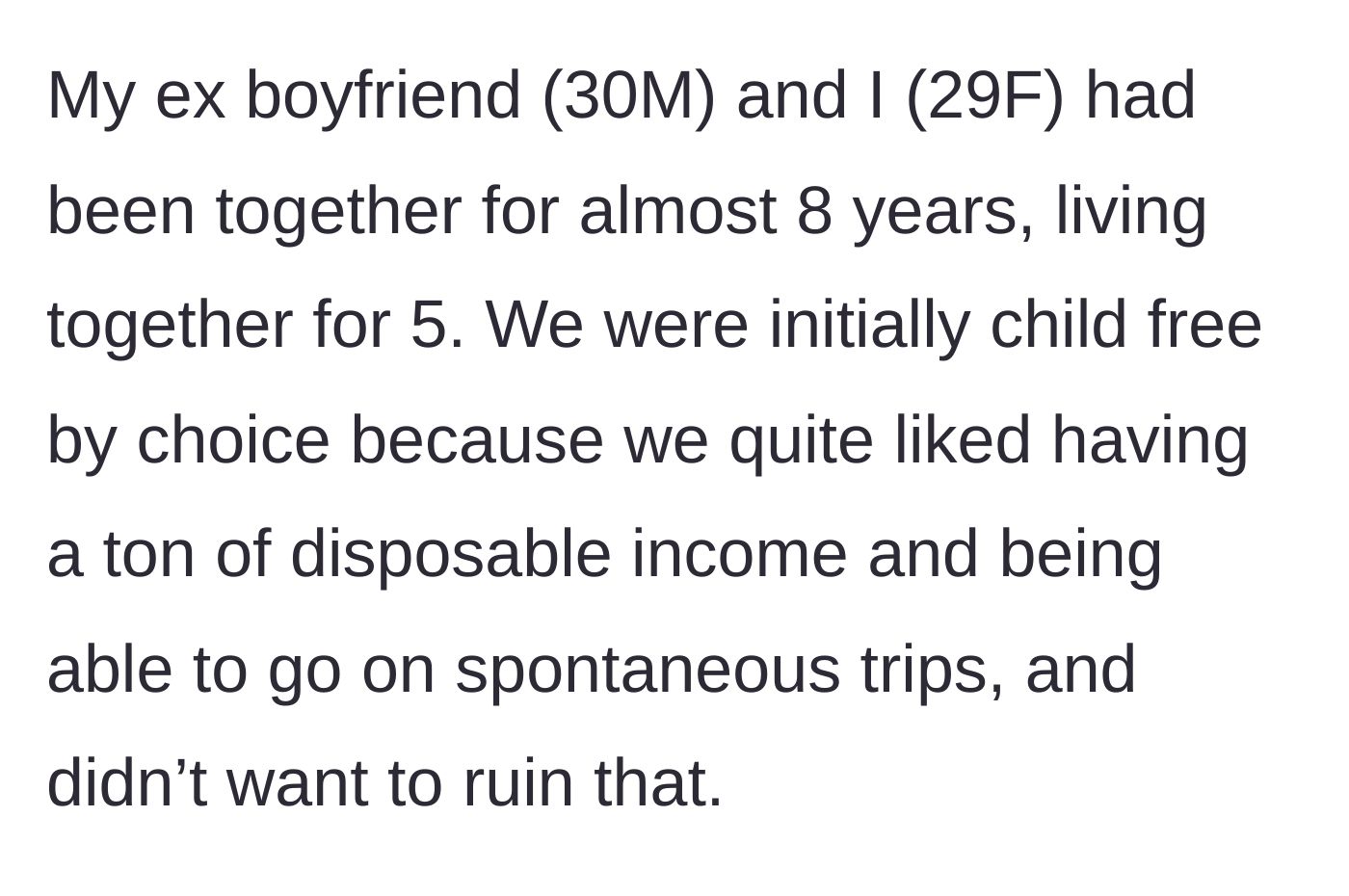Story part 1 - Couple of eight years loving their child-free life and disposable income.