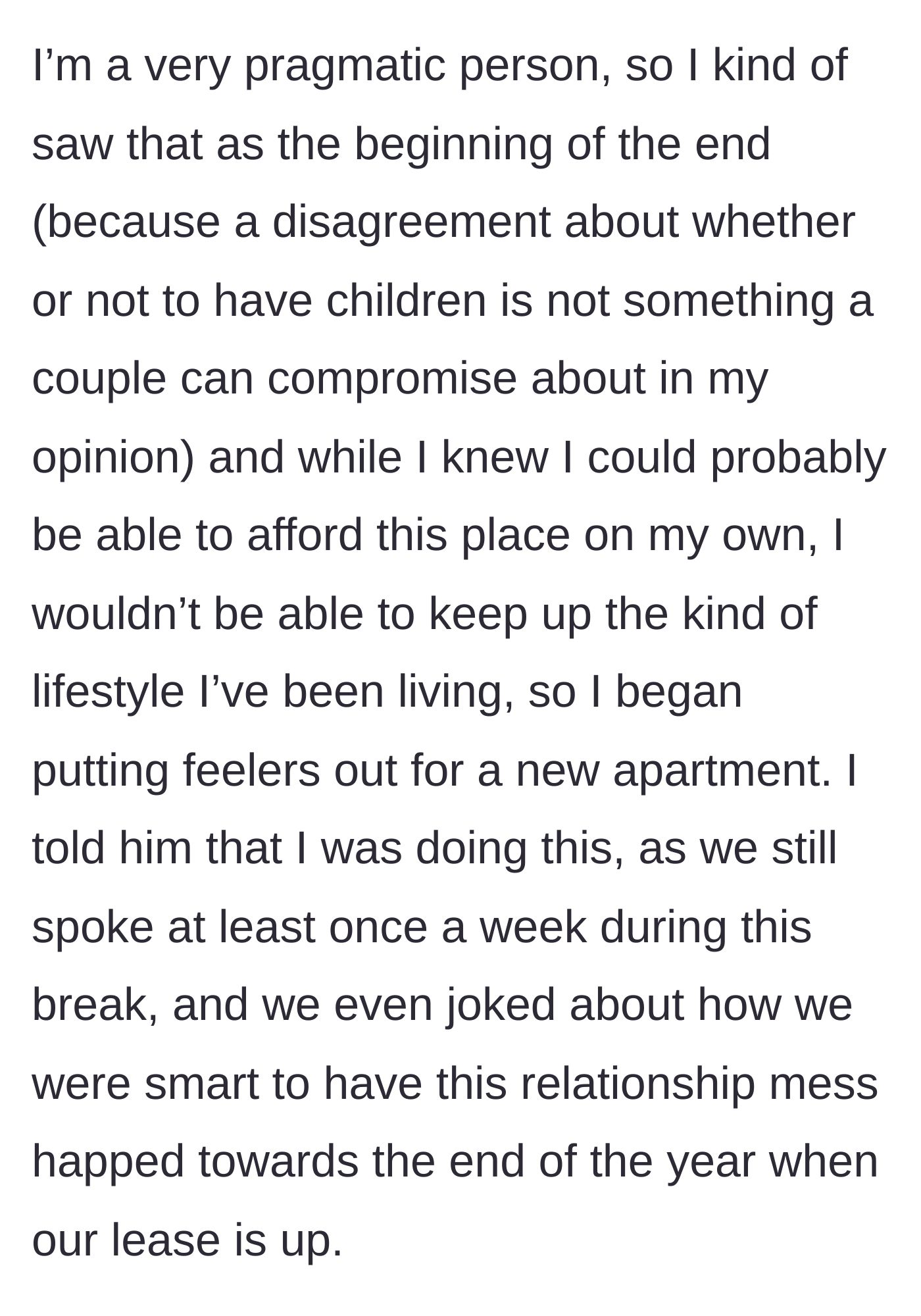 Story part 6 - Girlfriend pragmatically begins looking for new apartments and jokes with boyfriend about lease timing.