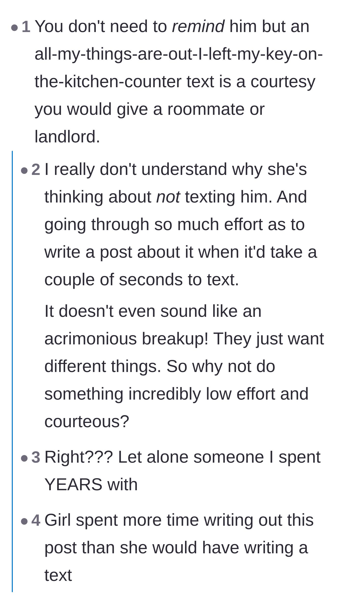 Comment thread 2 - Commenters pointing out that writing a long Reddit post takes more mental effort than sending a quick text
