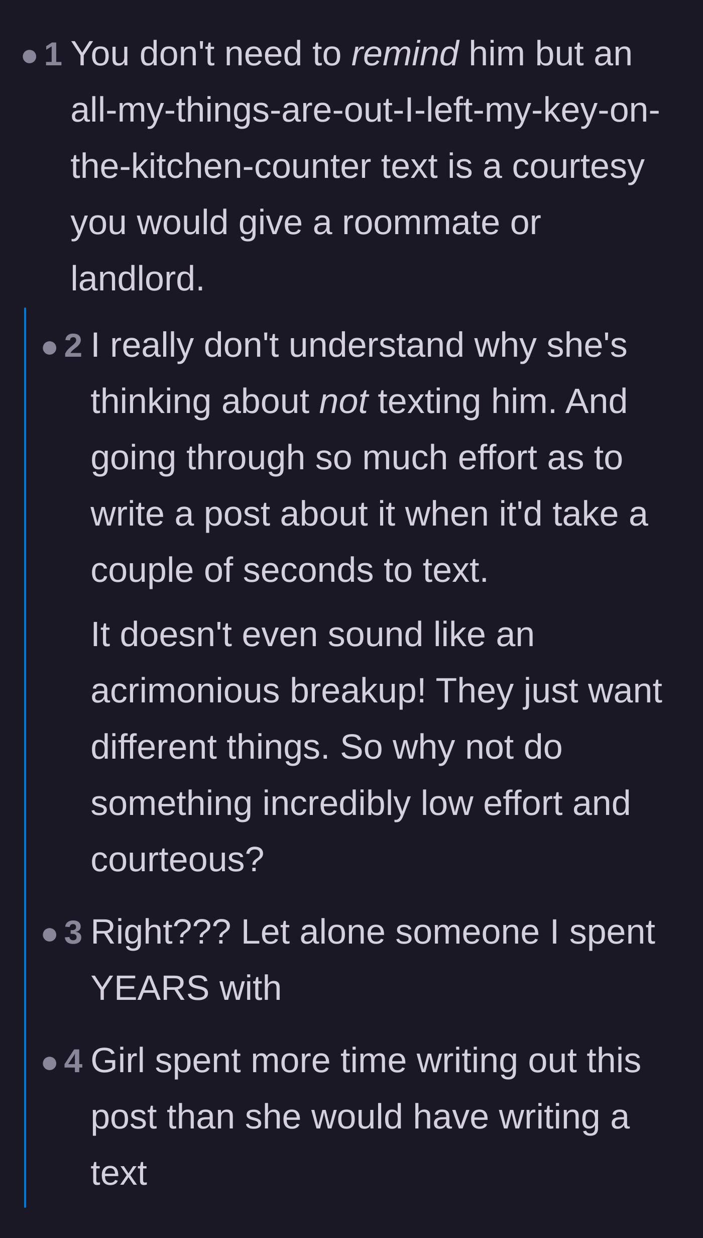 Comment thread 2 - Commenters pointing out that writing a long Reddit post takes more mental effort than sending a quick text