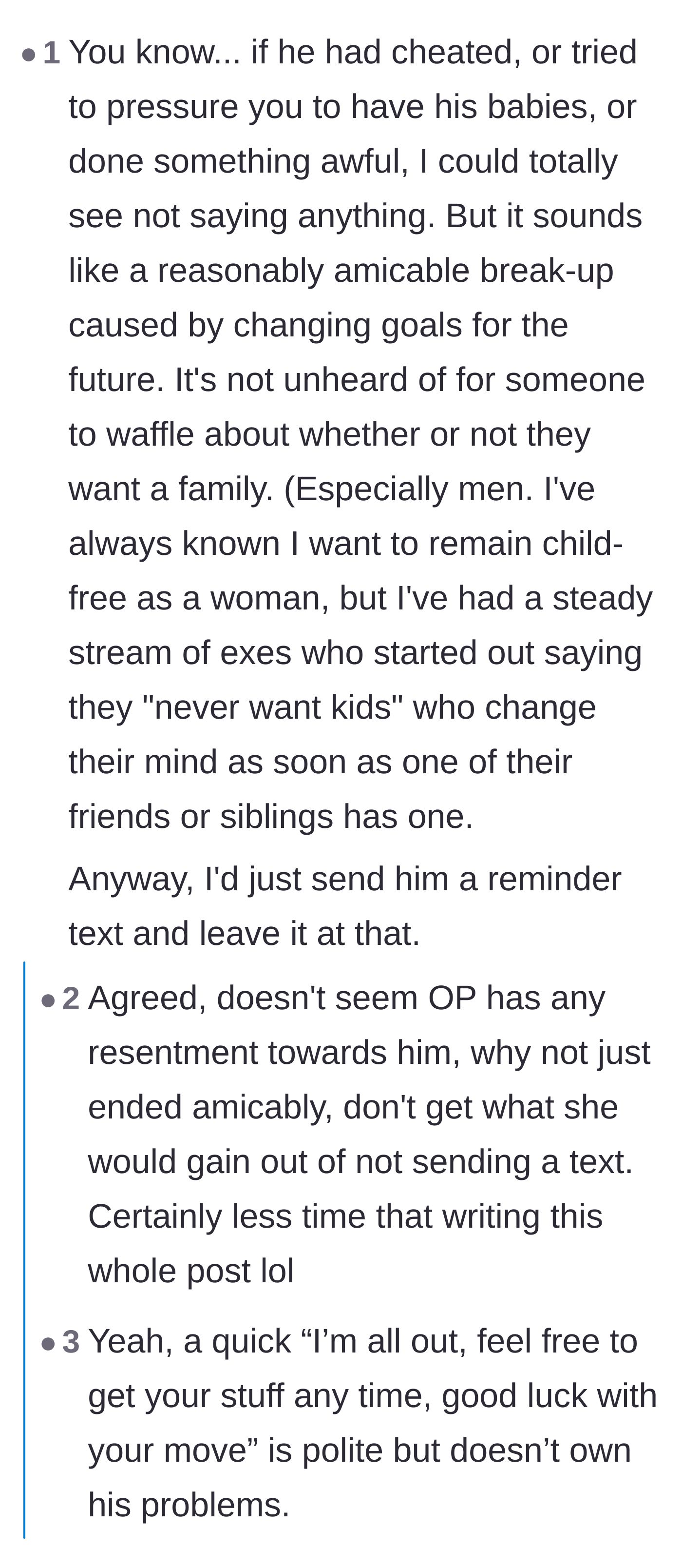 Comment thread 3 - Readers noting that because the breakup was amicable and over life goals, there's no need for petty revenge