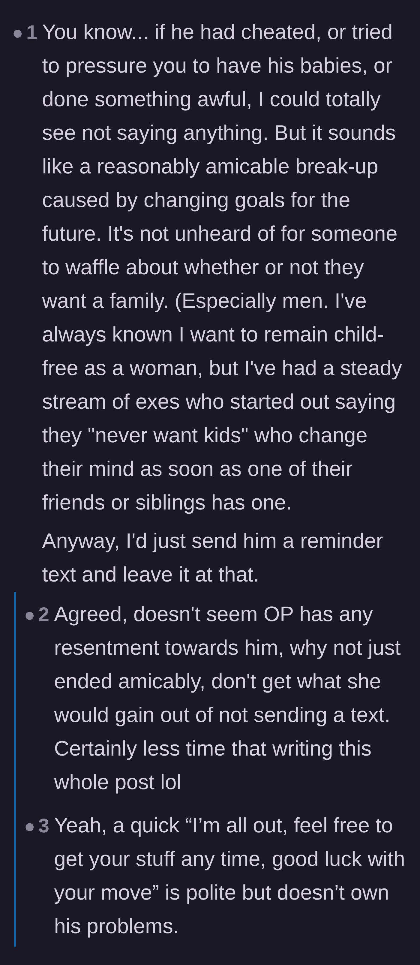 Comment thread 3 - Readers noting that because the breakup was amicable and over life goals, there's no need for petty revenge