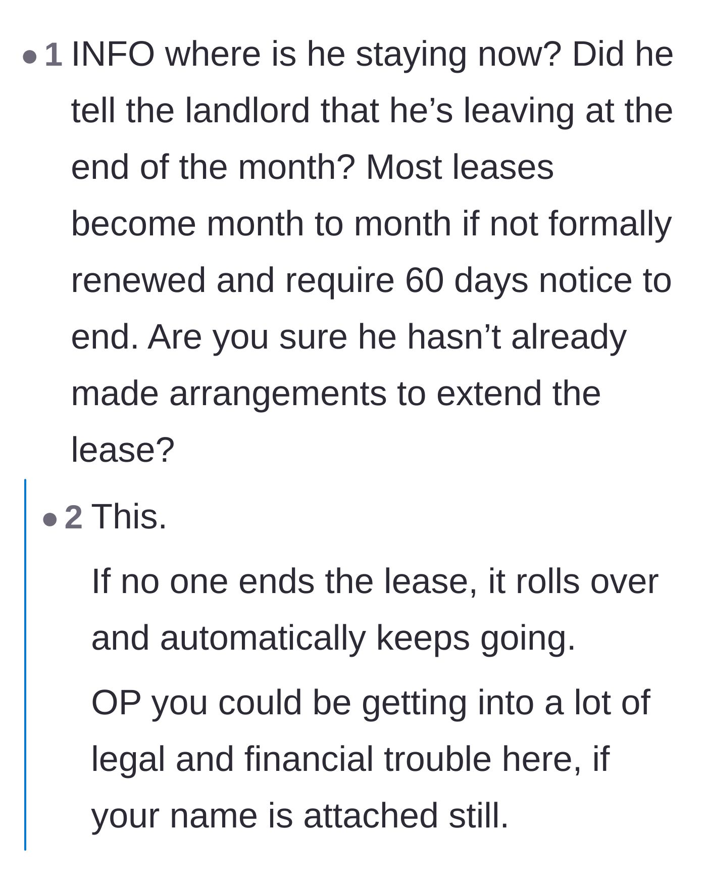 Comment thread 4 - Warning about the legal and financial dangers of a lease automatically rolling into a month-to-month contract