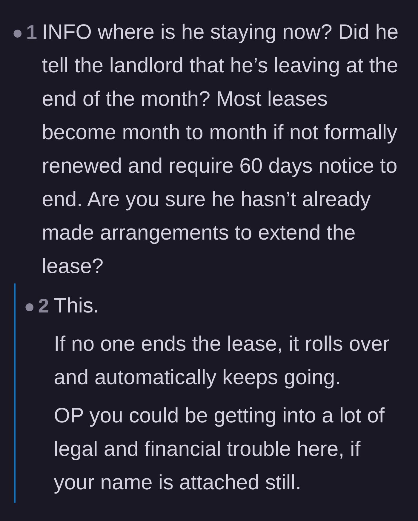 Comment thread 4 - Warning about the legal and financial dangers of a lease automatically rolling into a month-to-month contract