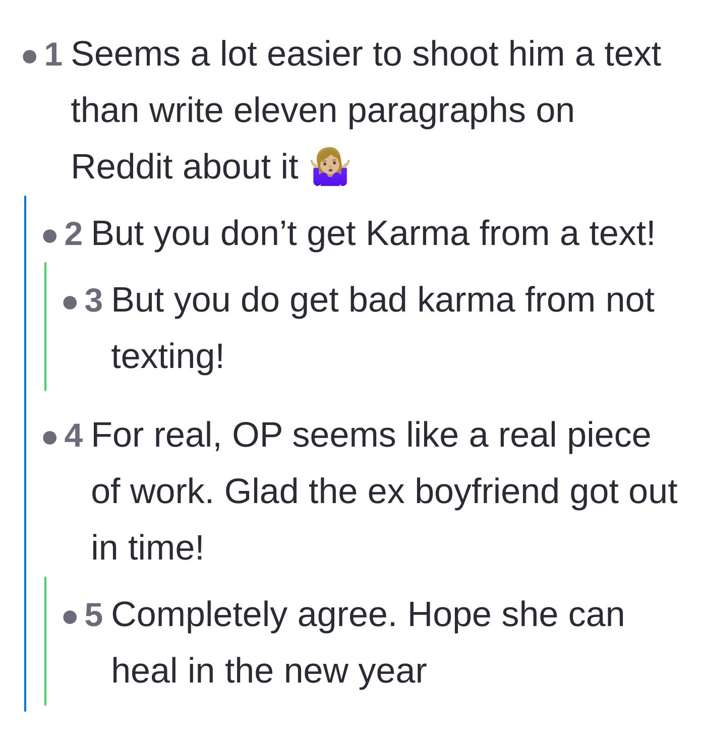 Comment thread 5 - Sarcastic comment suggesting she wrote a massive post just for internet attention instead of communicating