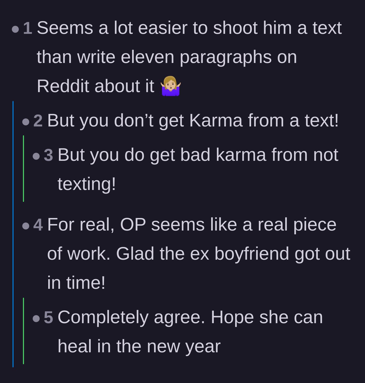 Comment thread 5 - Sarcastic comment suggesting she wrote a massive post just for internet attention instead of communicating