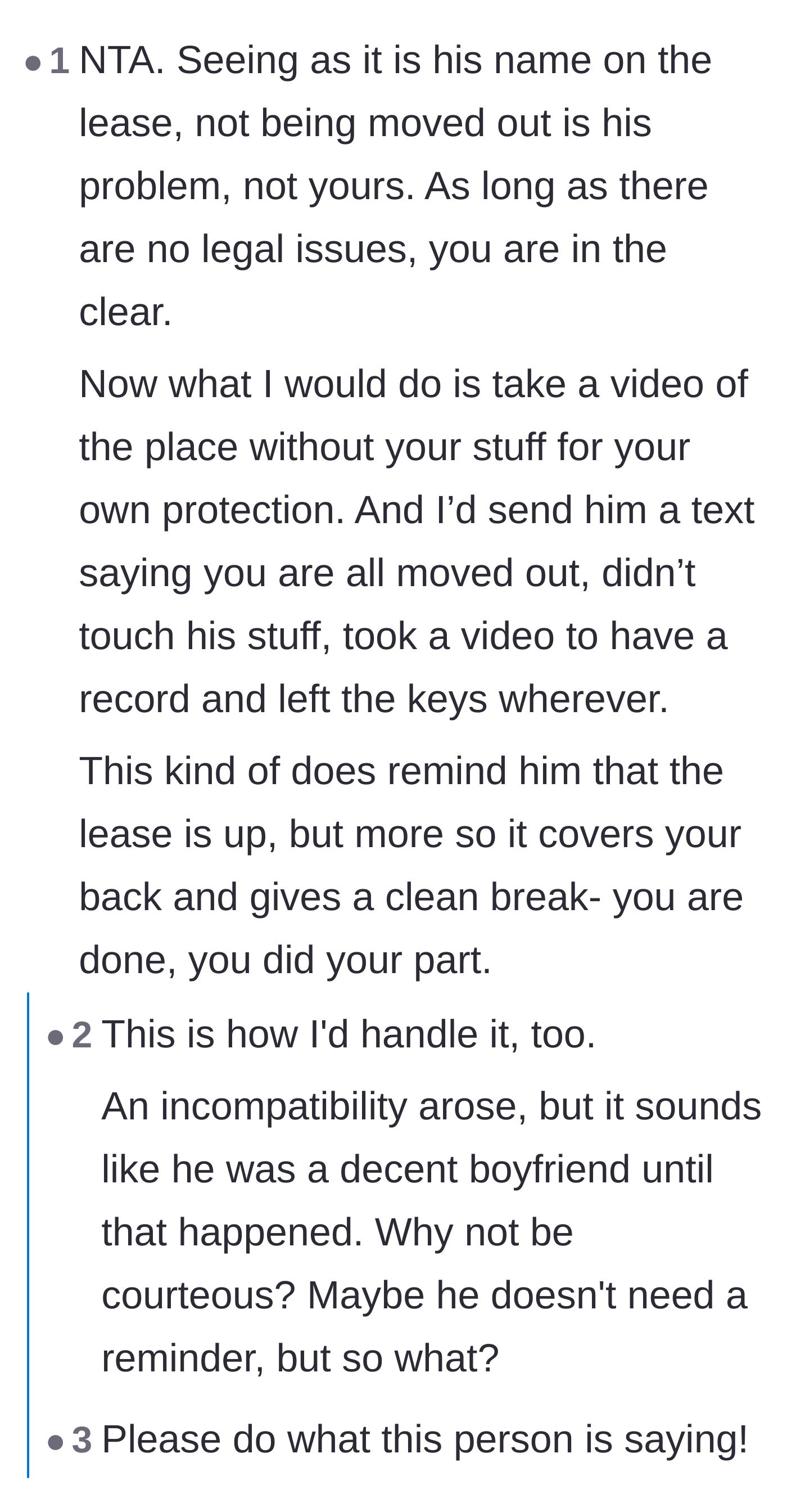 Comment thread 6 - Advice to record a video of the empty apartment to protect herself legally before sending a final text