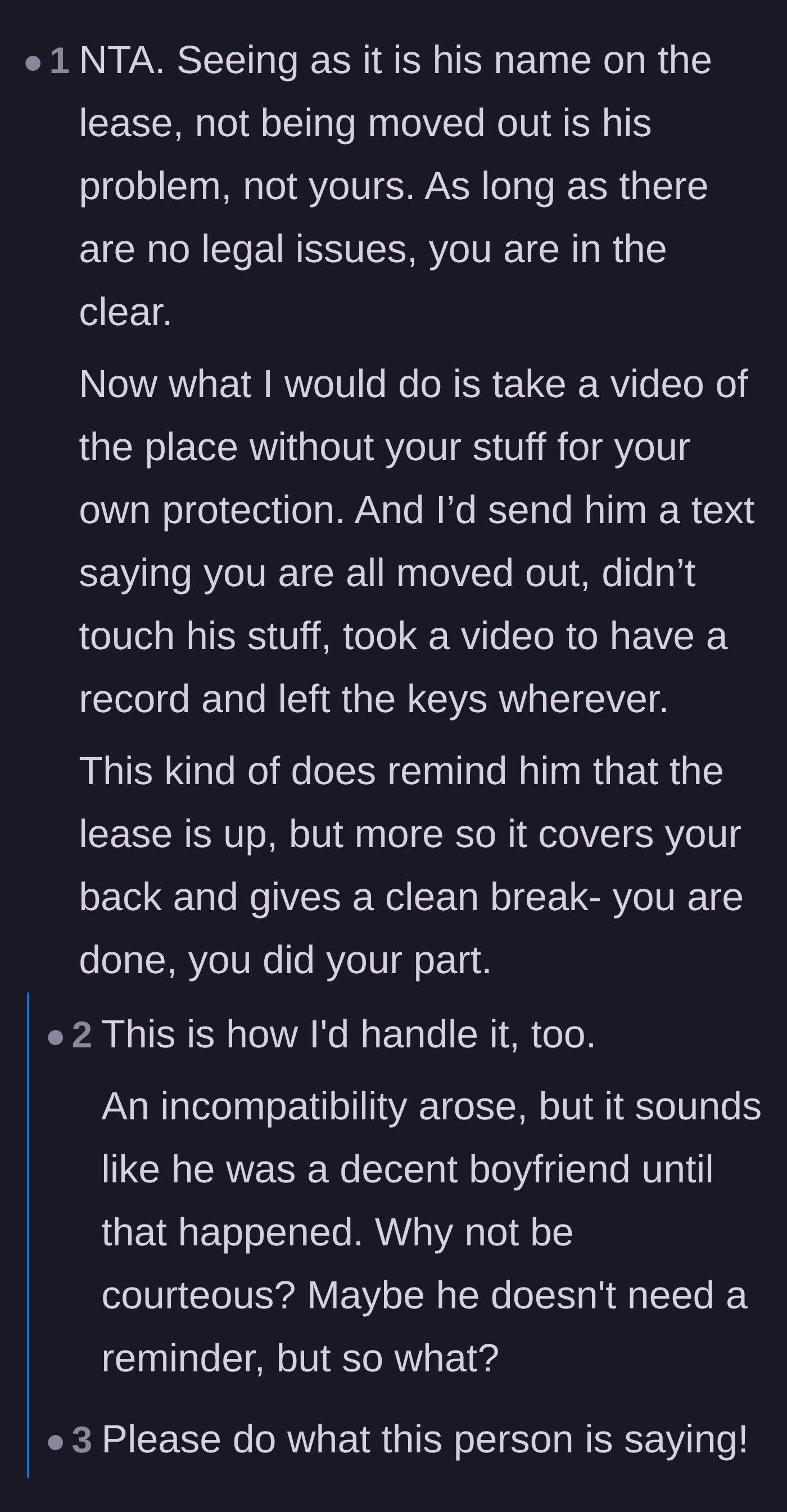 Comment thread 6 - Advice to record a video of the empty apartment to protect herself legally before sending a final text