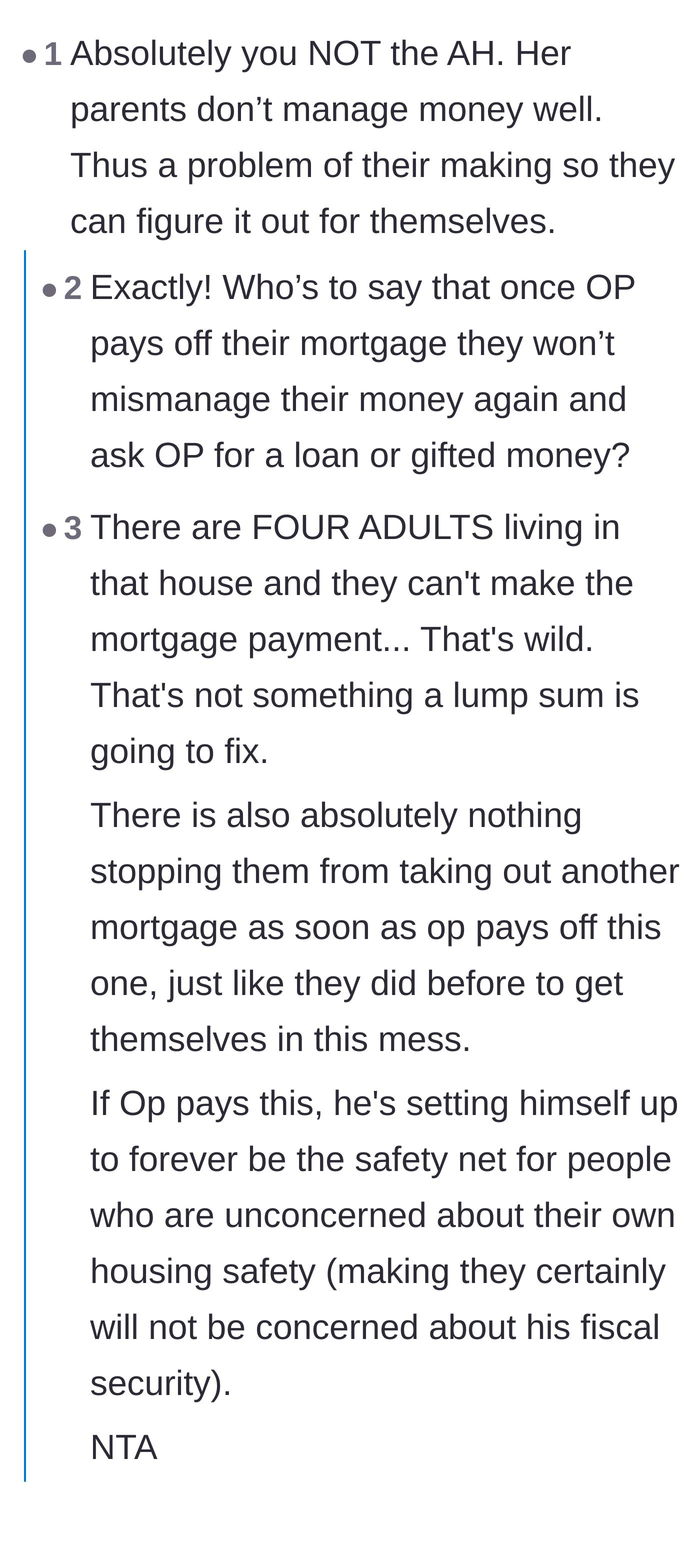Comment thread 1 - Readers debating how the parents will inevitably mismanage their money again and take out another mortgage if bailed out.