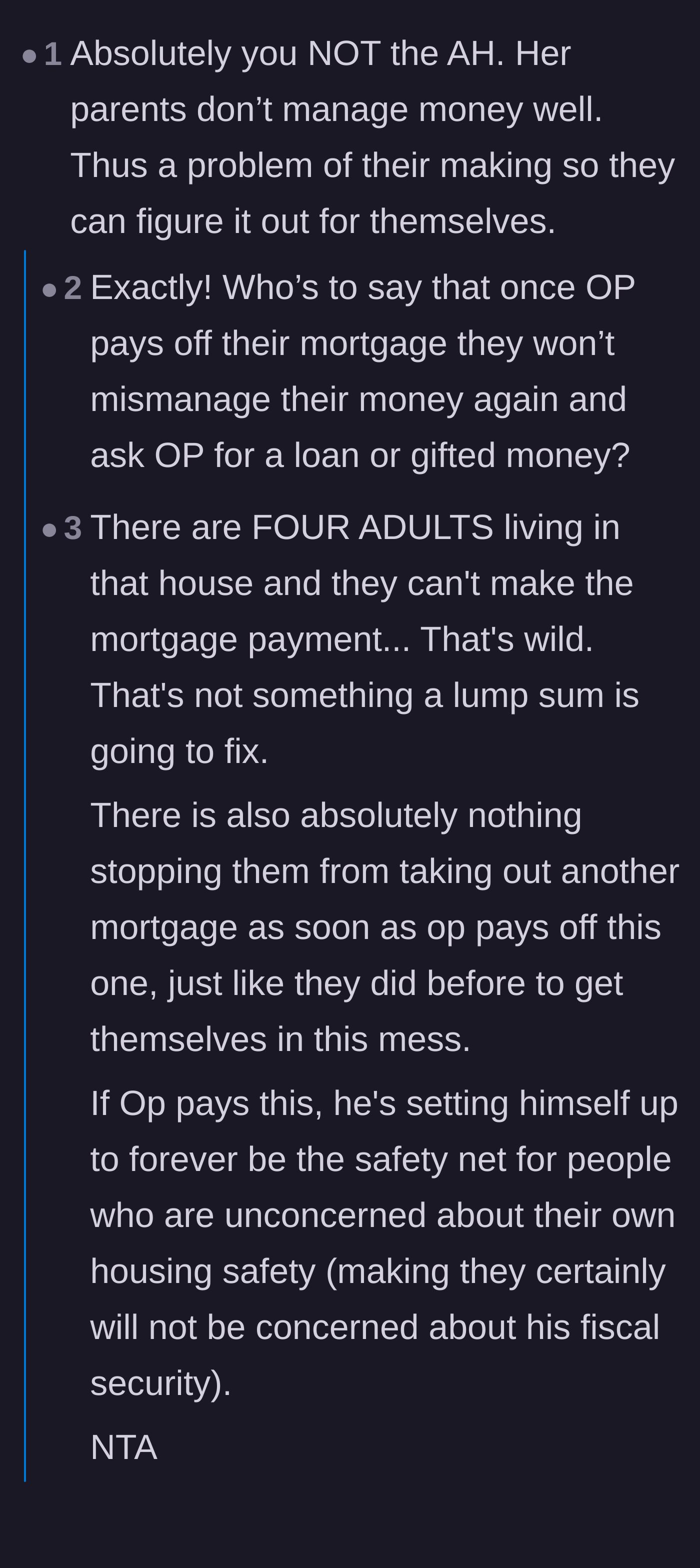 Comment thread 1 - Readers debating how the parents will inevitably mismanage their money again and take out another mortgage if bailed out.