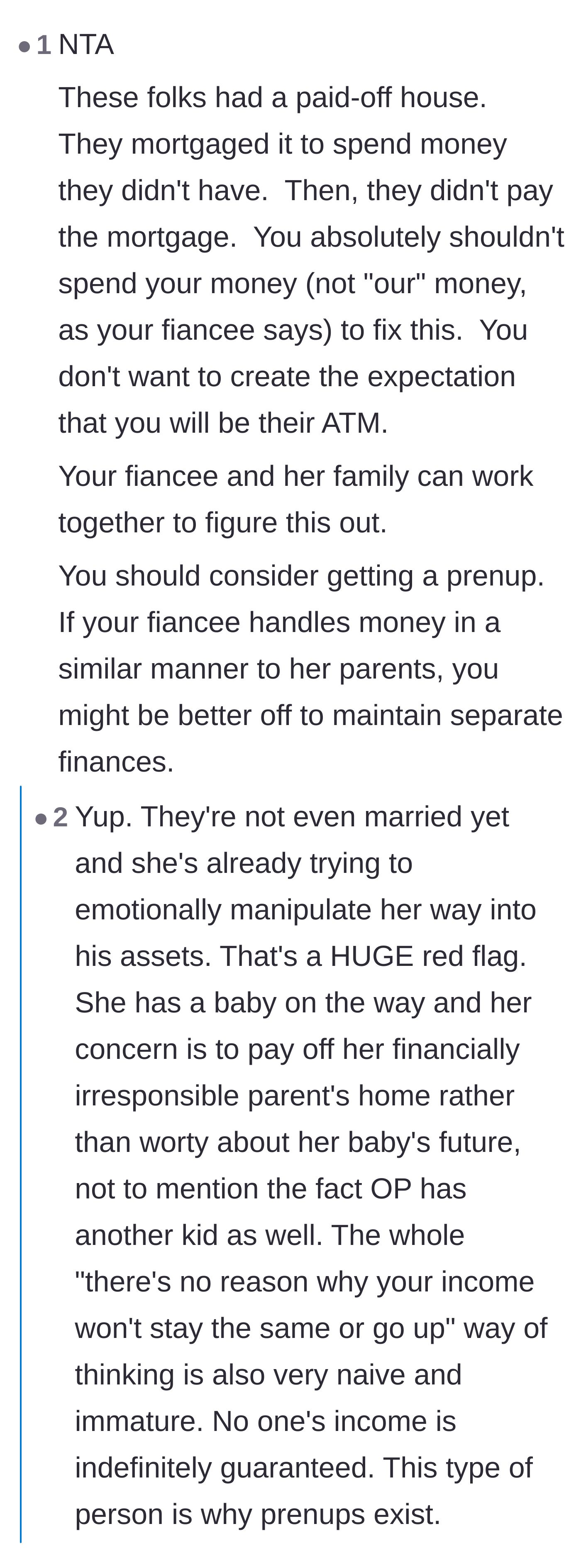 Comment thread 2 - Commenters highlighting the fiancée's red flags and suggesting the main character protect his assets with a prenup.