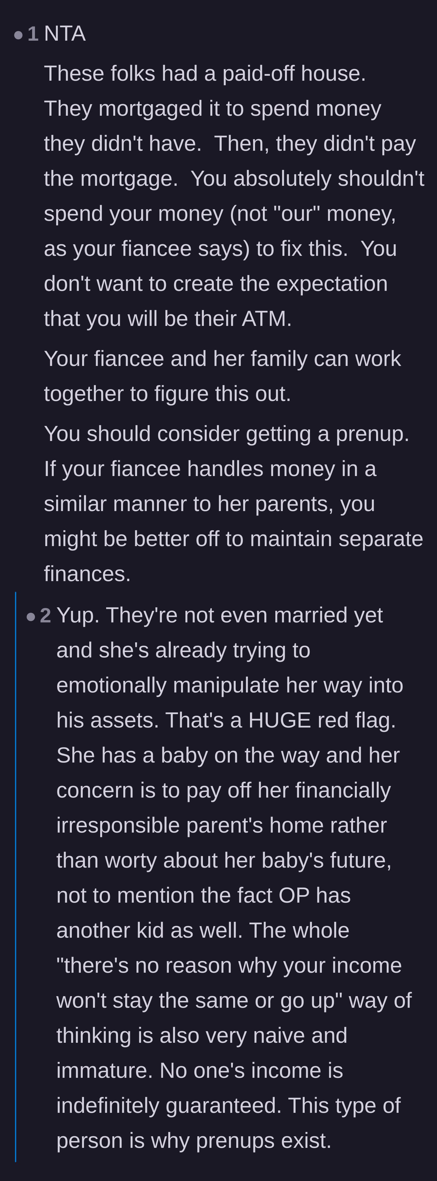 Comment thread 2 - Commenters highlighting the fiancée's red flags and suggesting the main character protect his assets with a prenup.