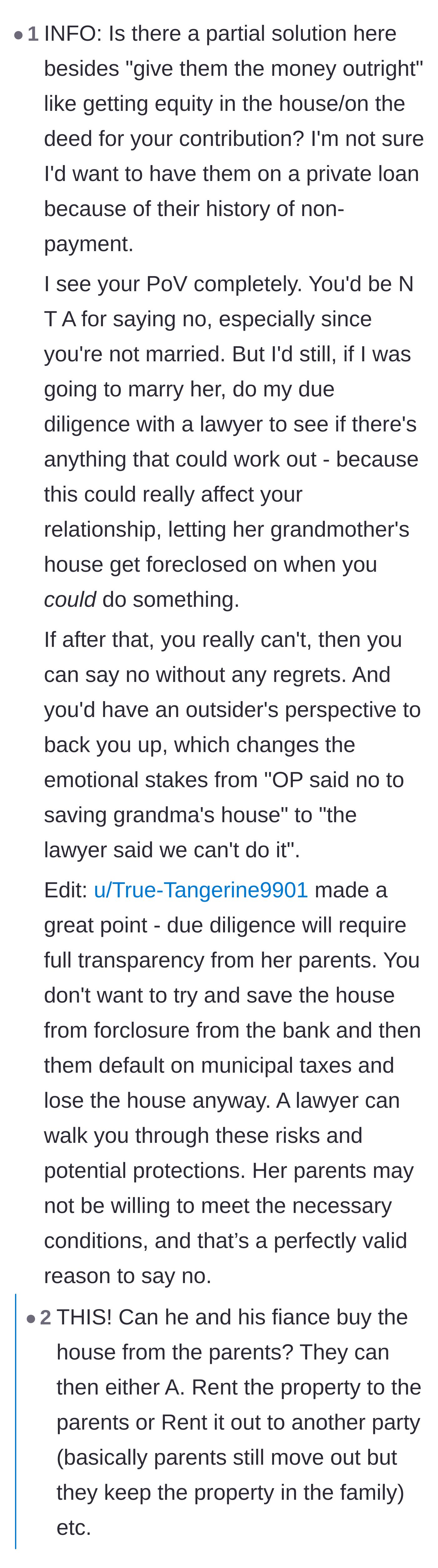 Comment thread 3 - A debate on the legal and emotional risks of buying the house to rent back to the in-laws.