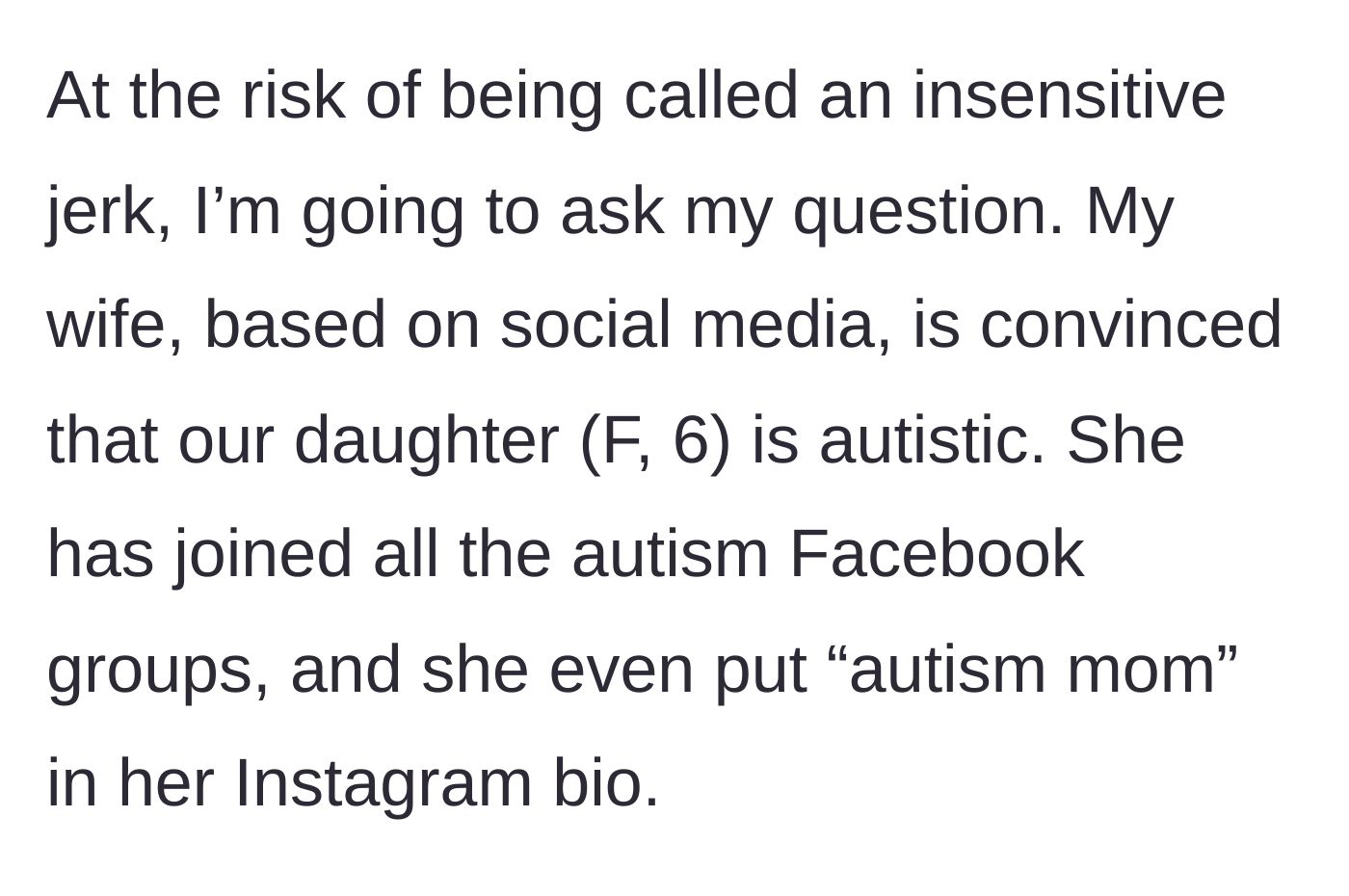 Story part 1 - A mother updating her social media profile to proudly display a medical label based on internet research.