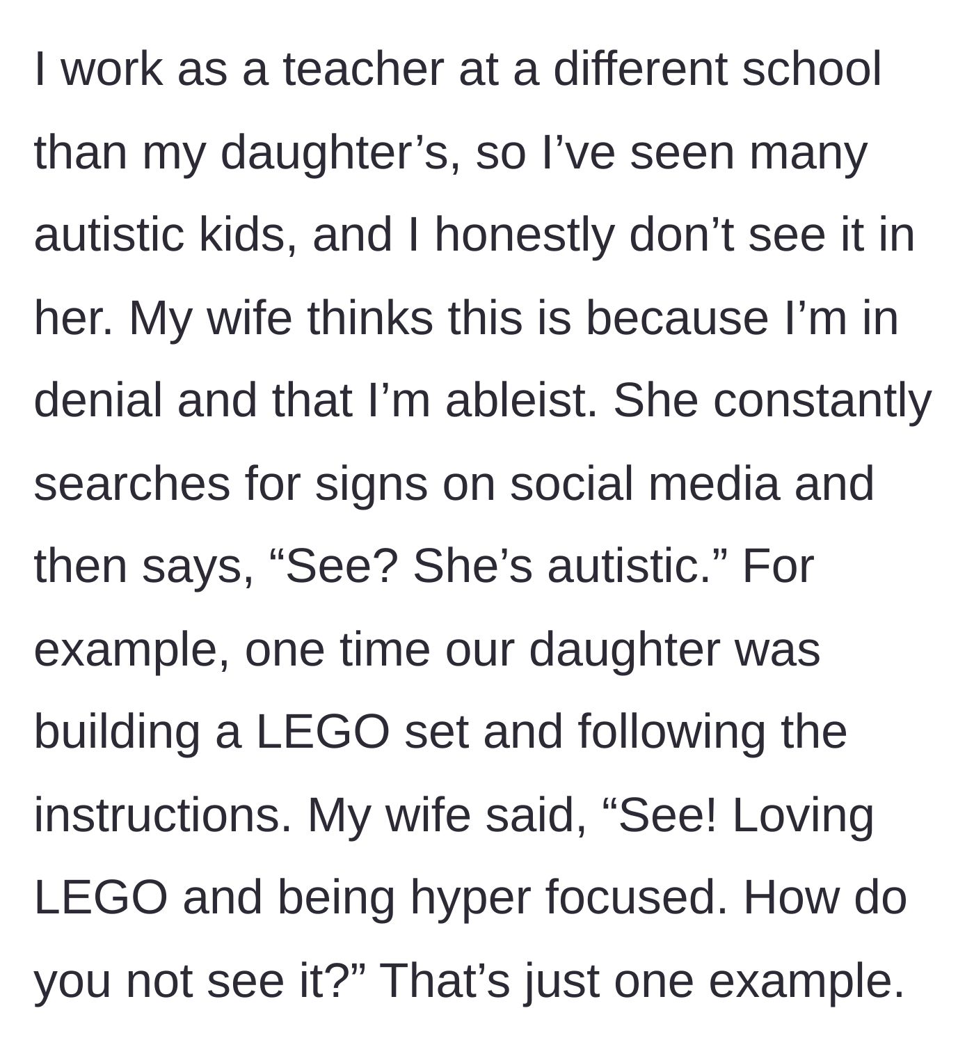 Story part 2 - A young girl calmly following instructions to build a LEGO set while her mother points to her as proof of a disorder.