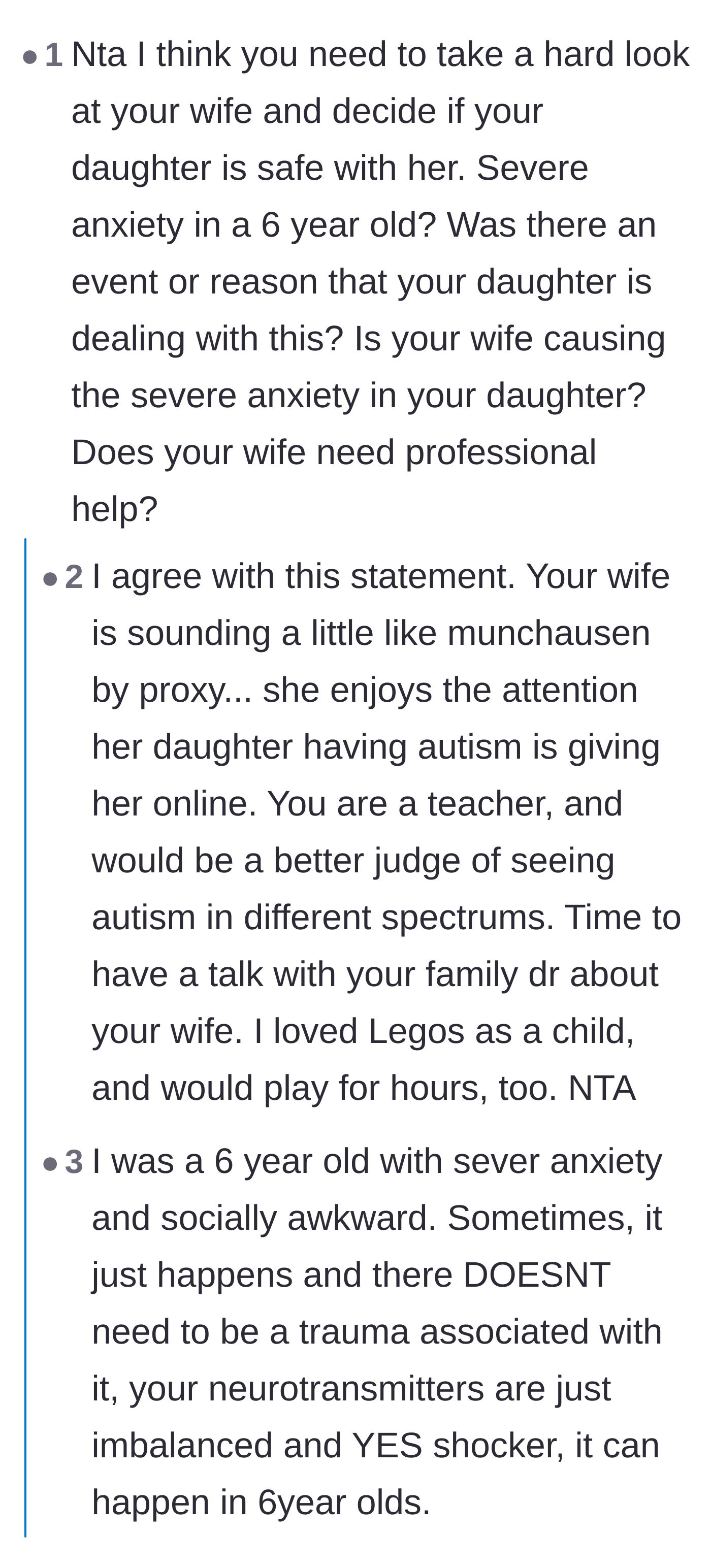 Comment thread 1 - Readers debating whether the mother's behavior borders on Munchausen by proxy and if she is the root cause of her daughter's severe anxiety.