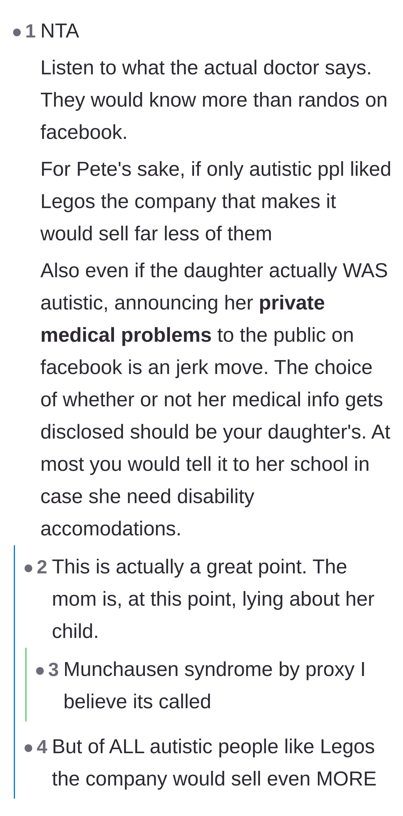 Comment thread 2 - A discussion on the importance of trusting medical professionals over Facebook groups and the ethical violation of sharing a child's medical data online.