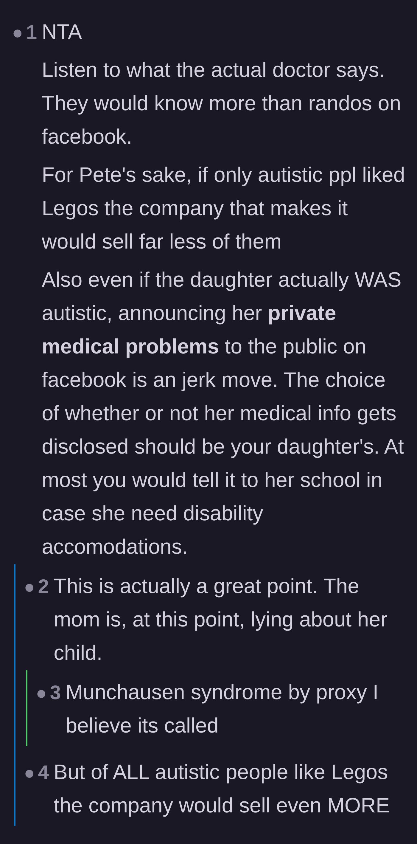 Comment thread 2 - A discussion on the importance of trusting medical professionals over Facebook groups and the ethical violation of sharing a child's medical data online.