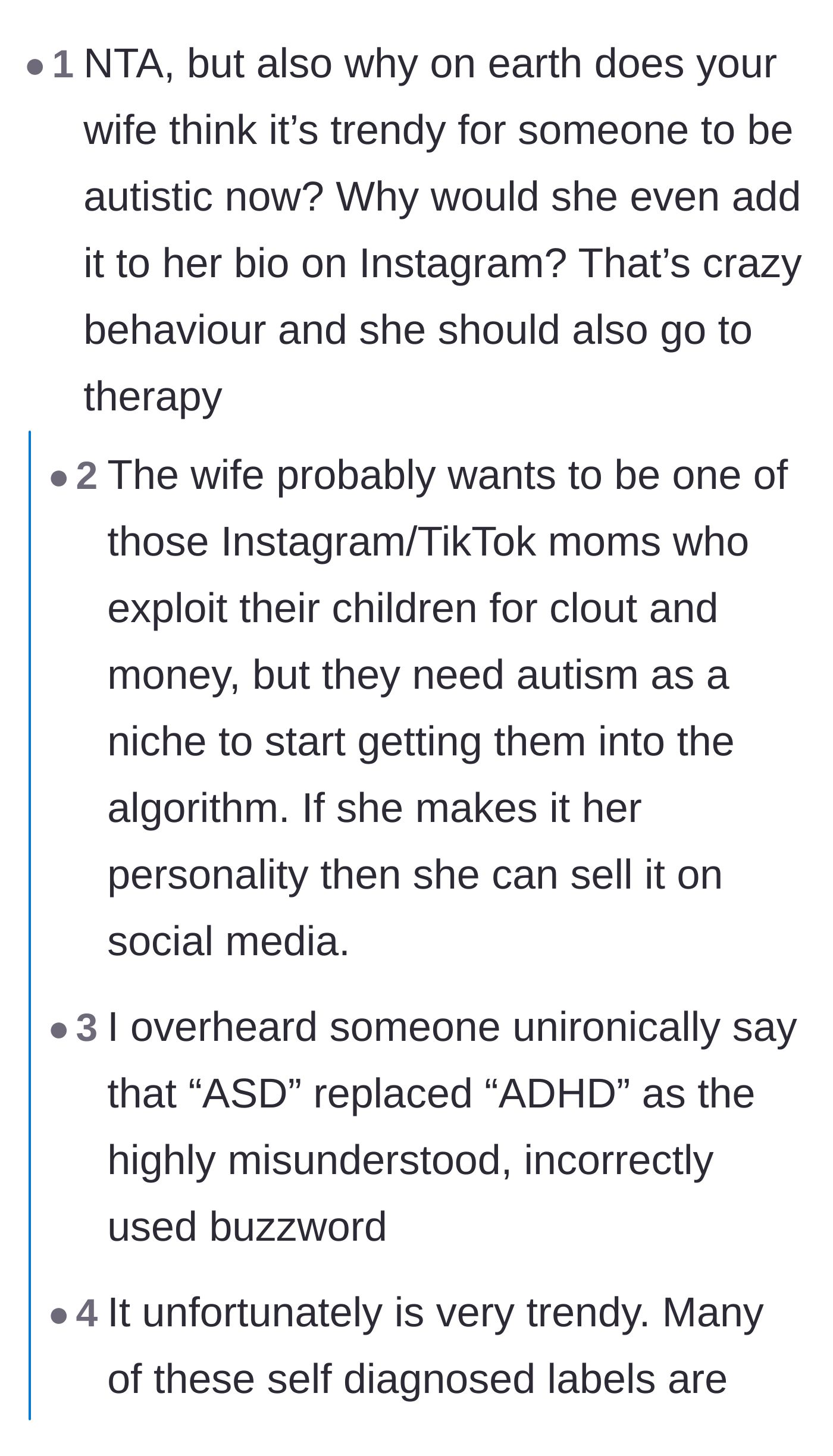 Comment thread 3 - Users critiquing the toxic social media trend of exploiting self-diagnosed neurodivergence for algorithm clout and monetization.
