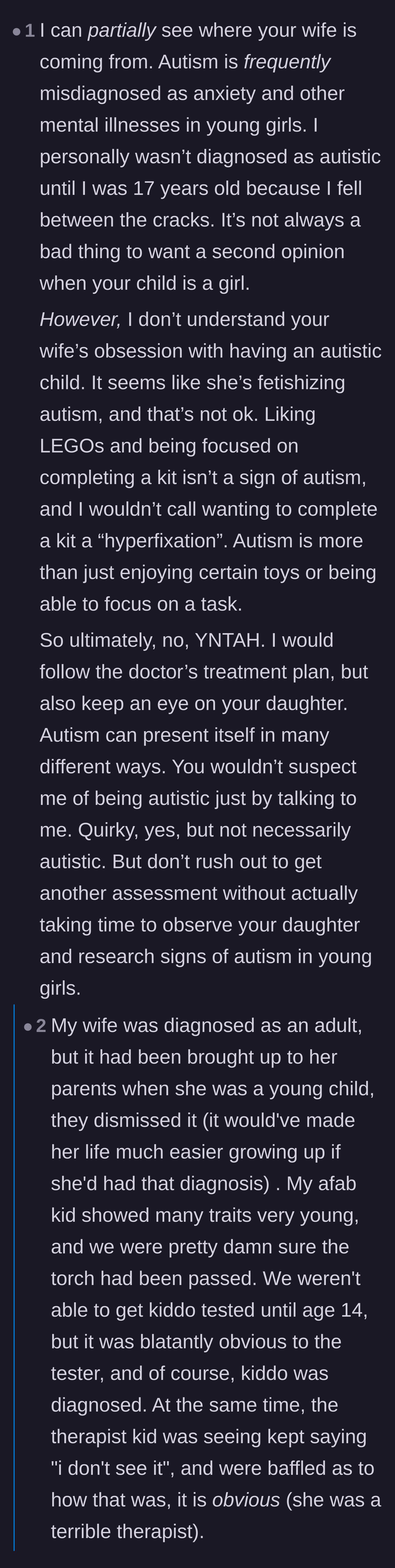 Comment thread 5 - Women sharing personal stories of late-in-life autism diagnoses while simultaneously condemning the mother for fetishizing the condition.