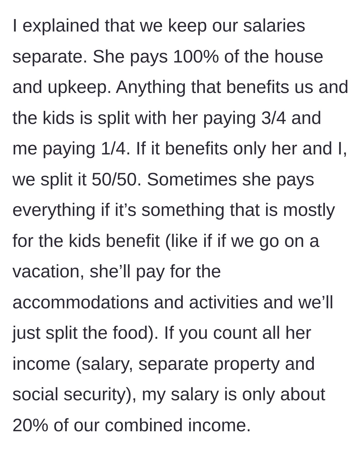 Story part 5 - A detailed breakdown of how the husband and wife equitably split their living expenses based on their vastly different incomes.