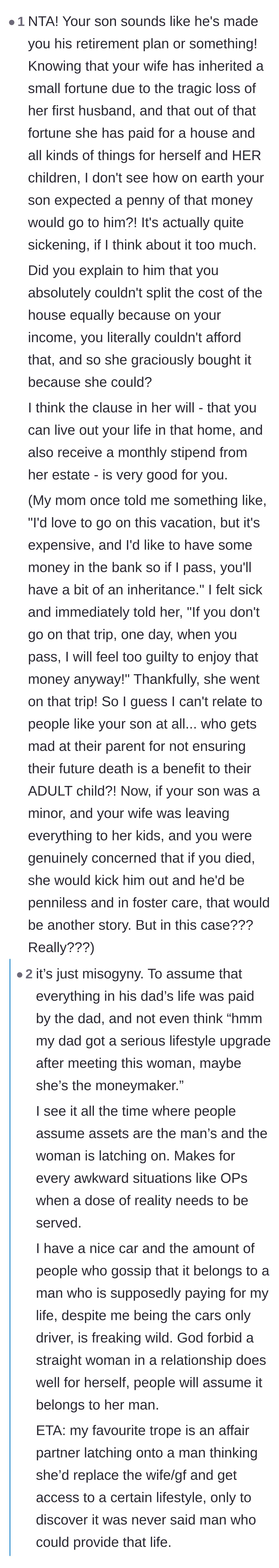 Comment thread 1 - A discussion on how the son views his father's marriage as a retirement plan and the misogyny of assuming the father owned the assets.