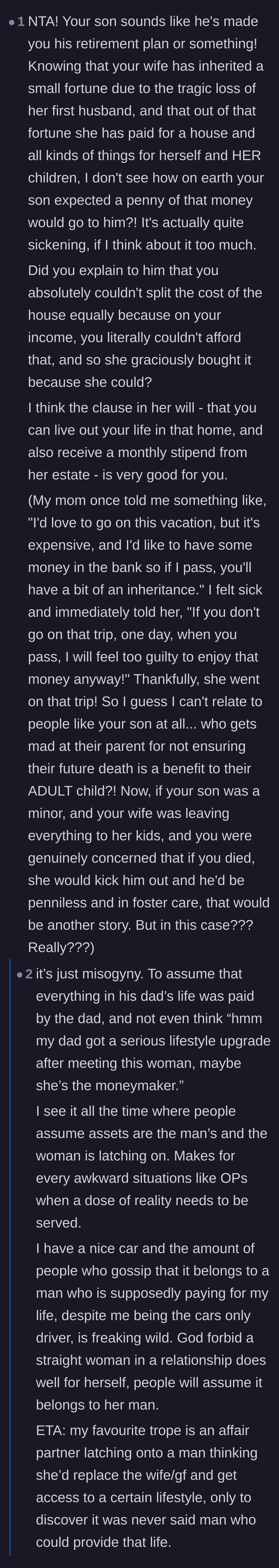 Comment thread 1 - A discussion on how the son views his father's marriage as a retirement plan and the misogyny of assuming the father owned the assets.