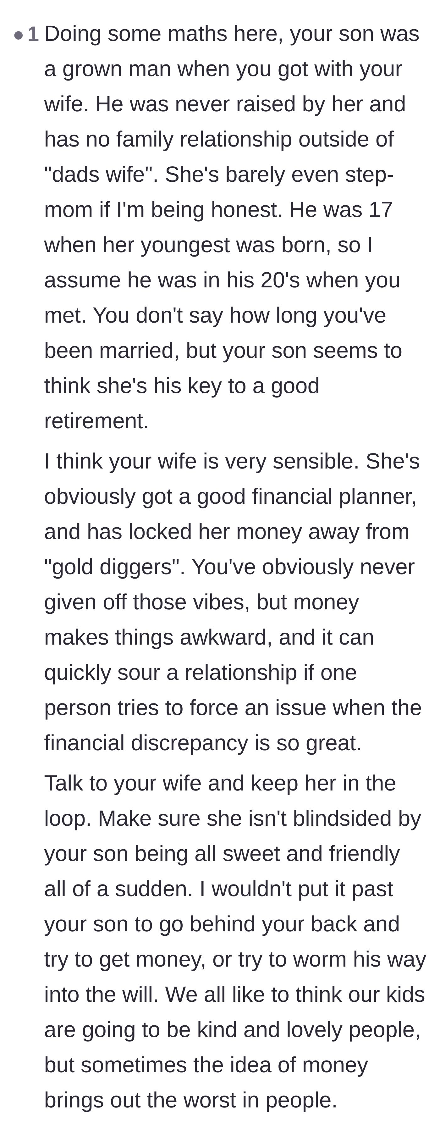 Comment thread 3 - Praise for the wife's financial planner locking down her assets and a warning to the father to watch his son's future behavior.
